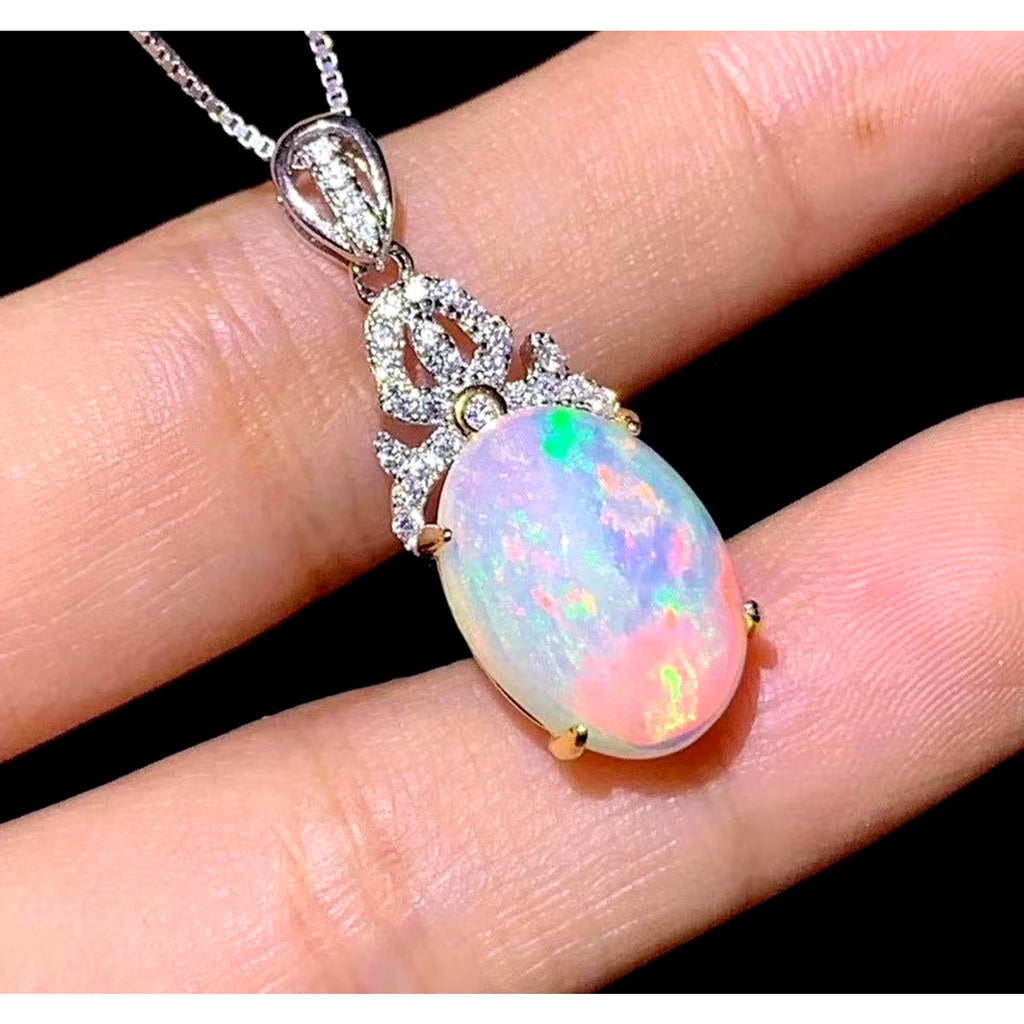 Natural Fire Opal Pendant Necklace, Women's Opal Pendant Necklace 10x14mm