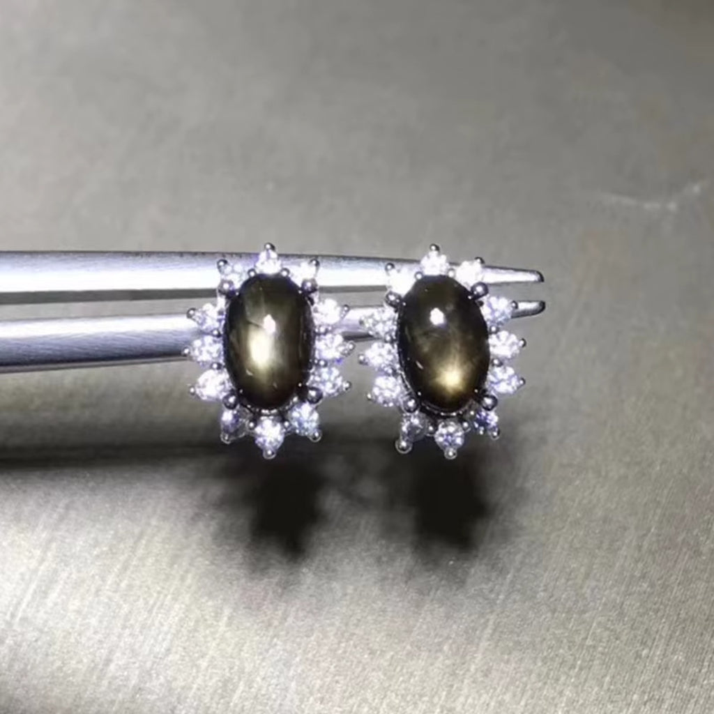 Natural Star Sapphire Earrings 925 Sterling Silver, Gray Star Sapphire Earrings