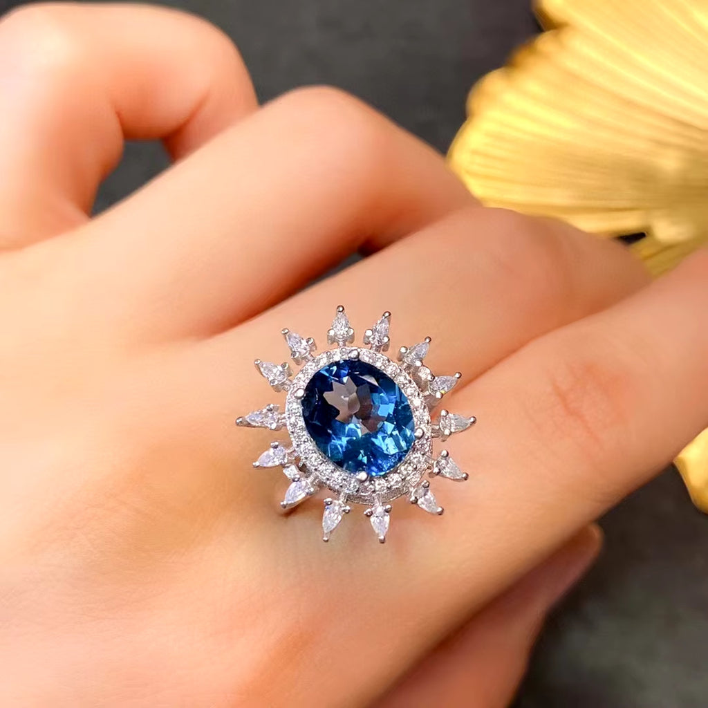 London Blue Topaz Ring, Natural London Blue Topaz Gemstone Ring 8x10mm