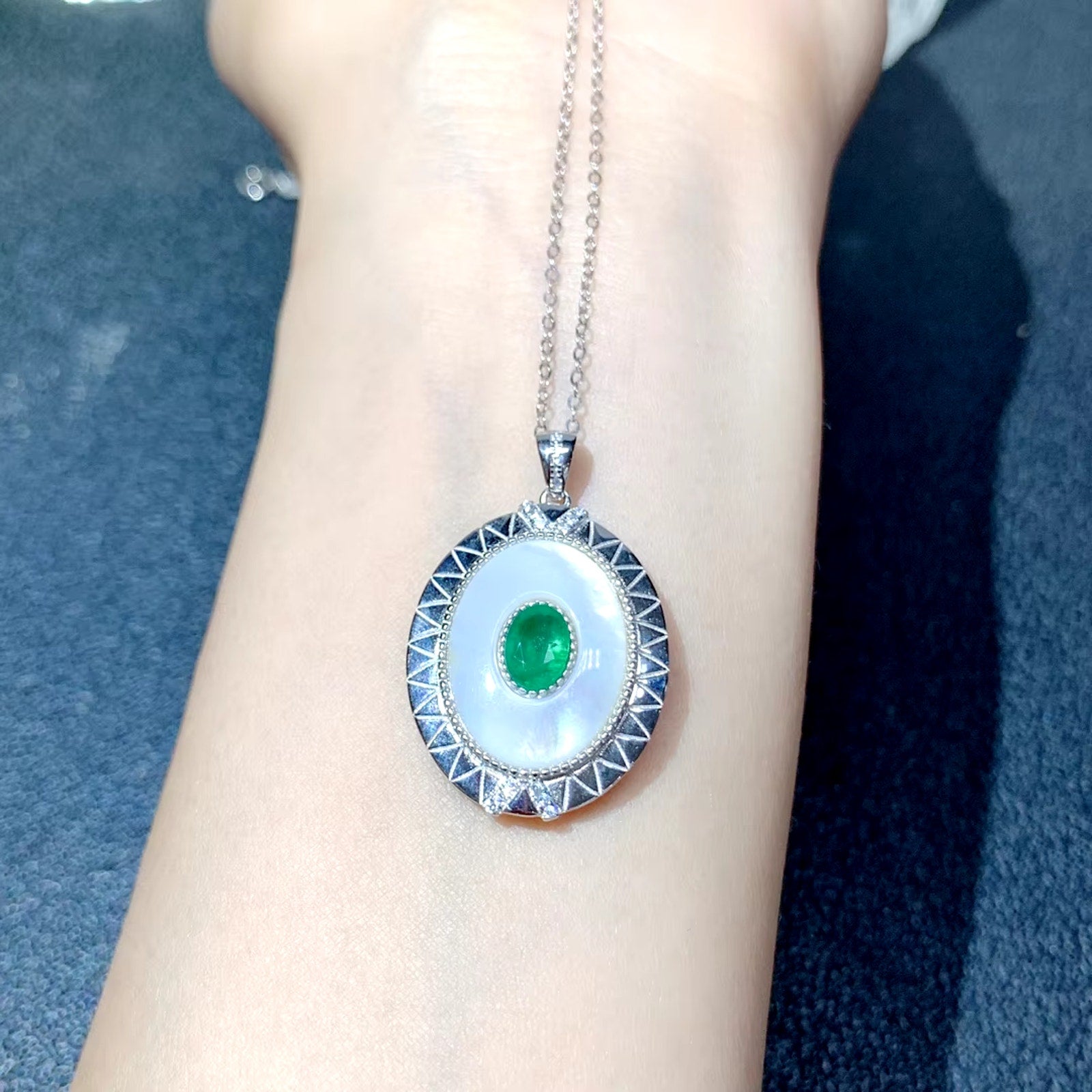 Emerald and Shell Pendant Necklace, Natural Emerald Pendant Necklace 5x7mm