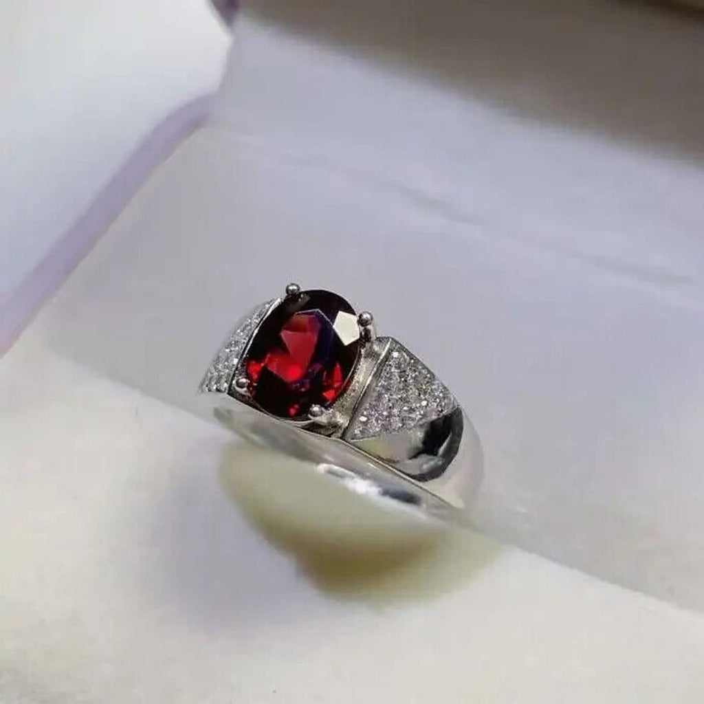 Red Garnet Mens Cocktail Ring 7x9mm Platinum Plated Sterling
