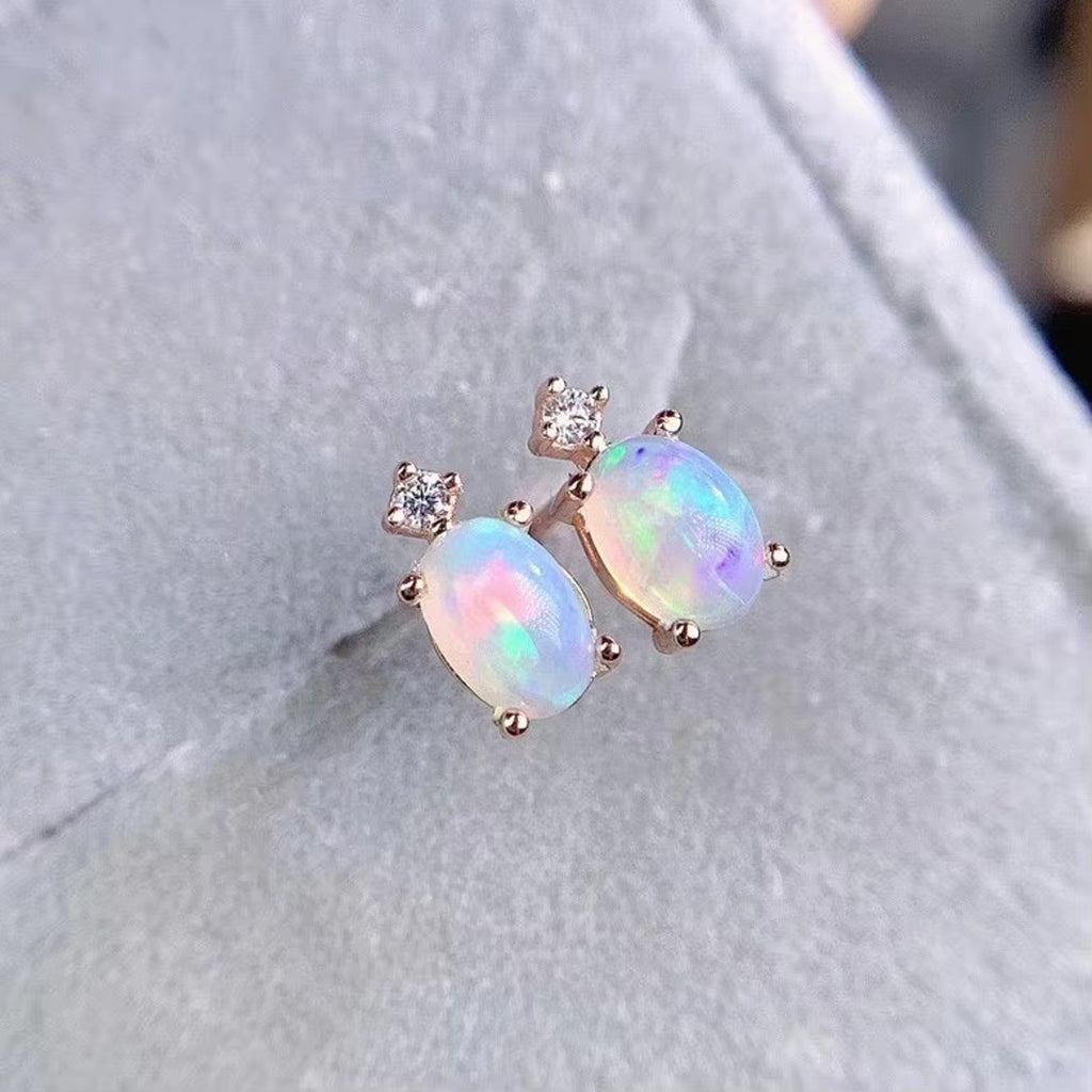 Natural Fire Opal Earrings, Women's Opal Stud Earrings 925 Sterling Silver 4x6mm