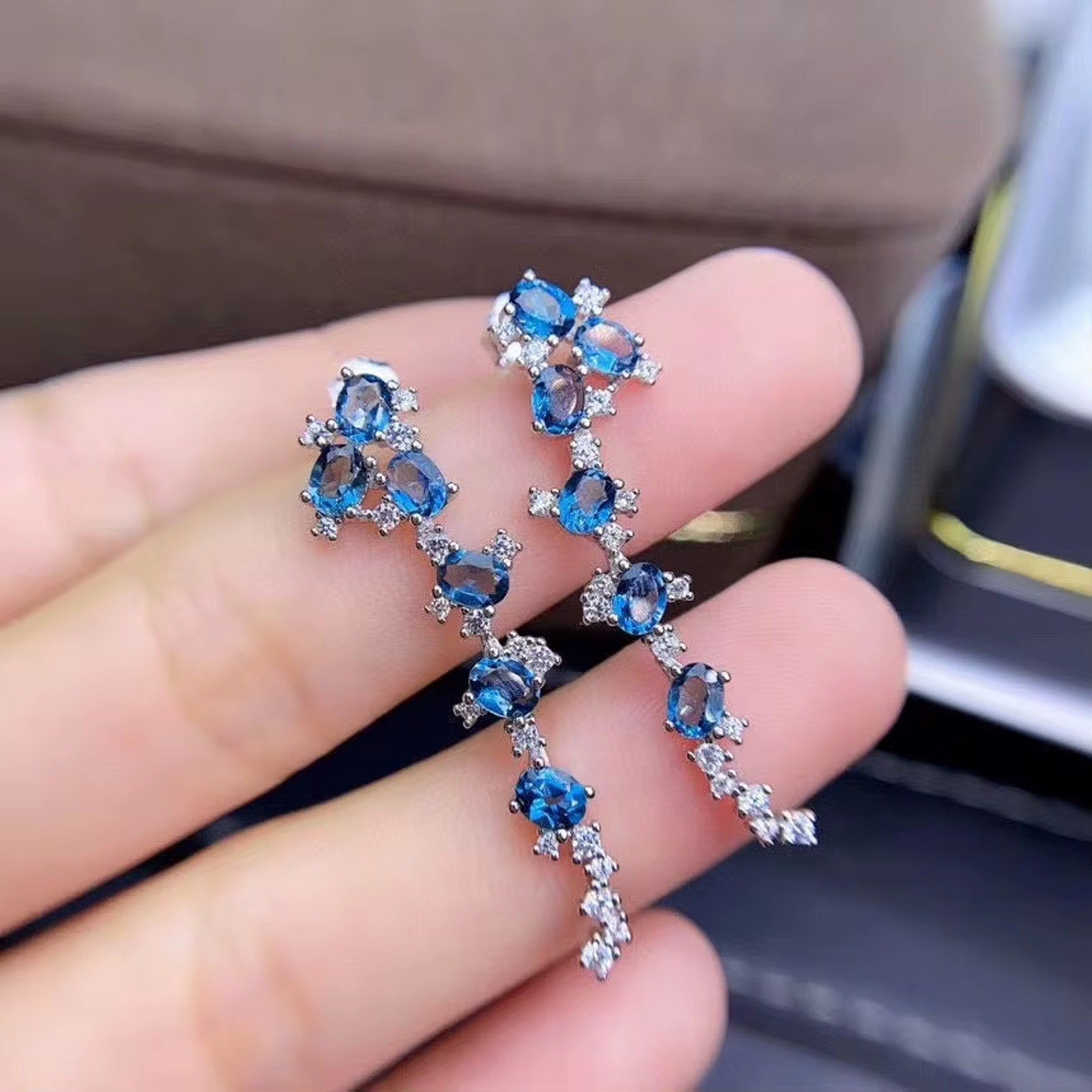 London Blue Topaz Cluster Earrings 925 Sterling Silver 3x4mm