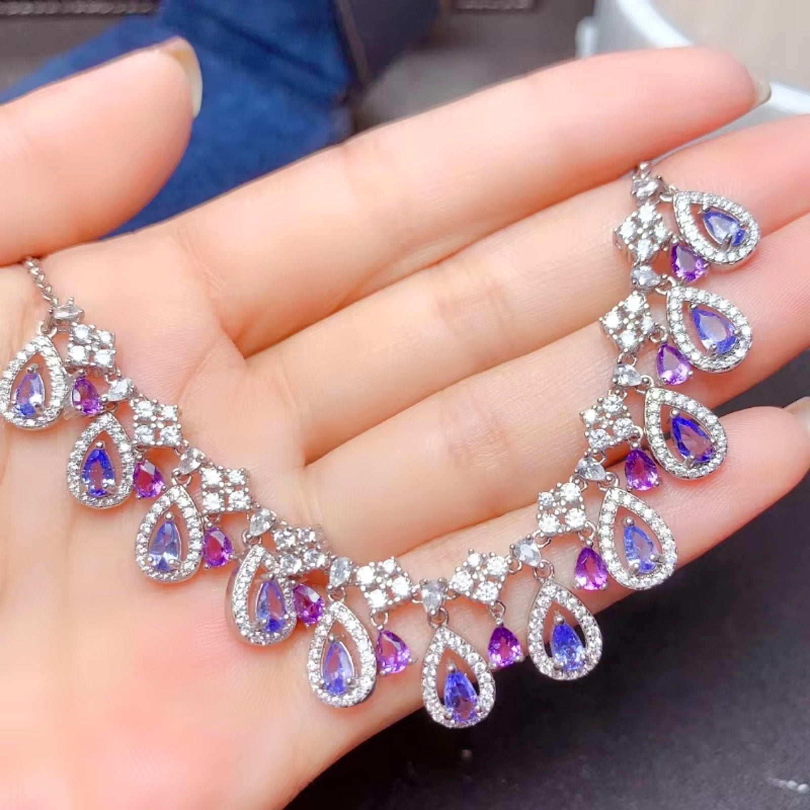 Natural Amethyst & Purple Tanzanite Gemstone Charm Necklace 925 Sterling Silver