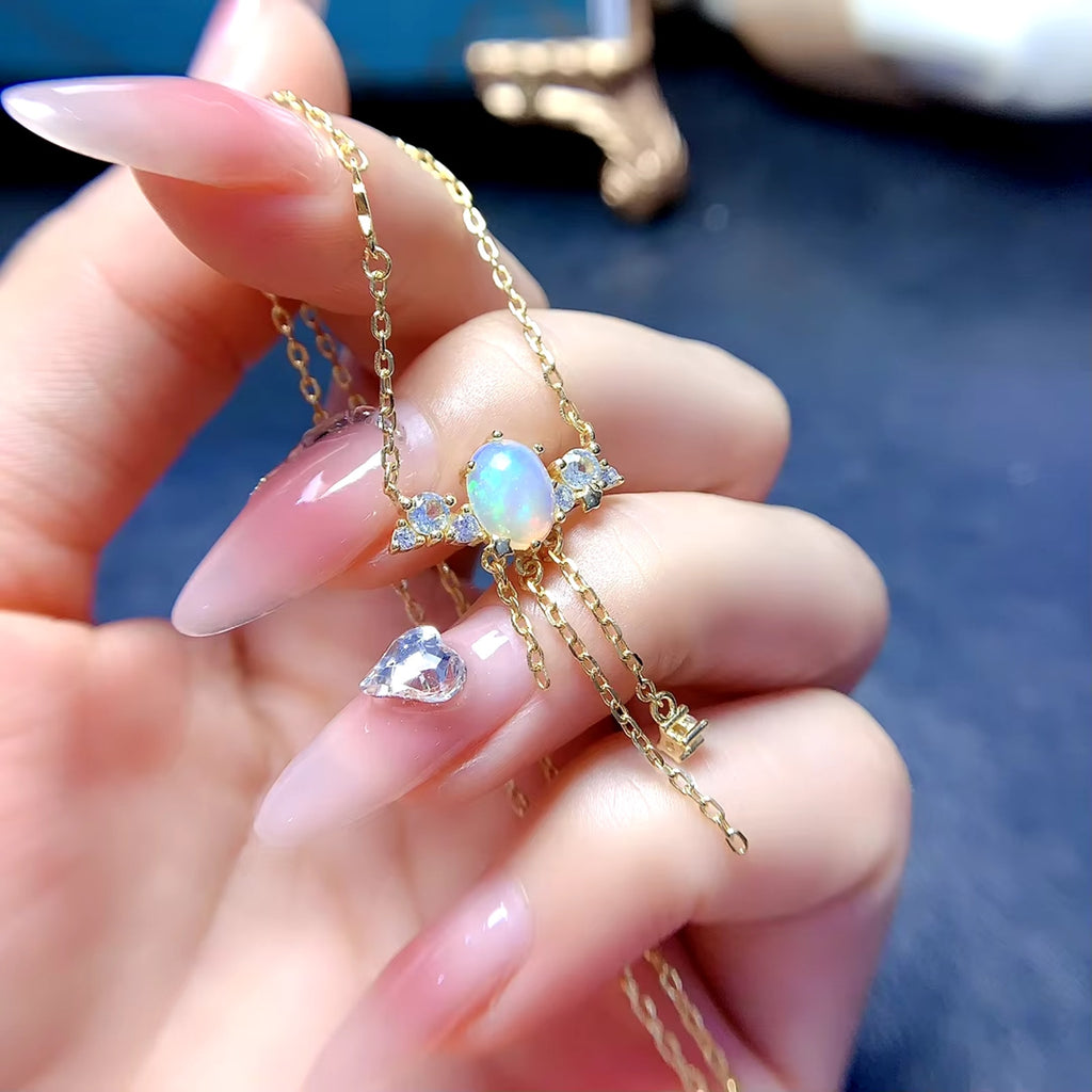 Natural Fire Opal Charm Necklace 5x7mm Sterling Silver Opal Necklace