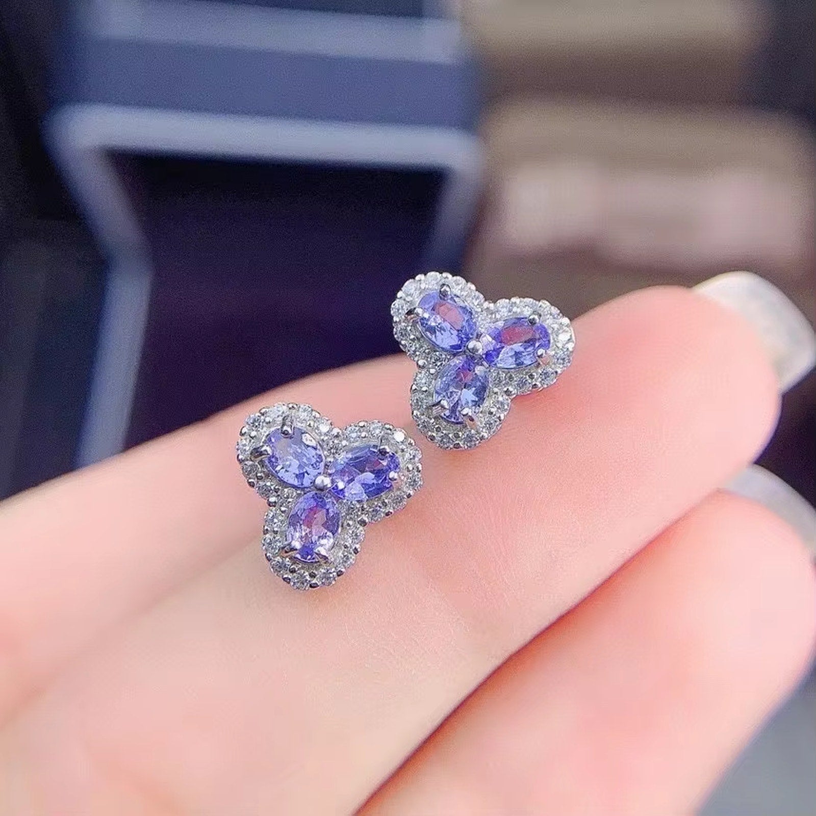 Purple Tanzanite Earrings, Tanzanite Gemstone Flower Earrings Sterling Silver