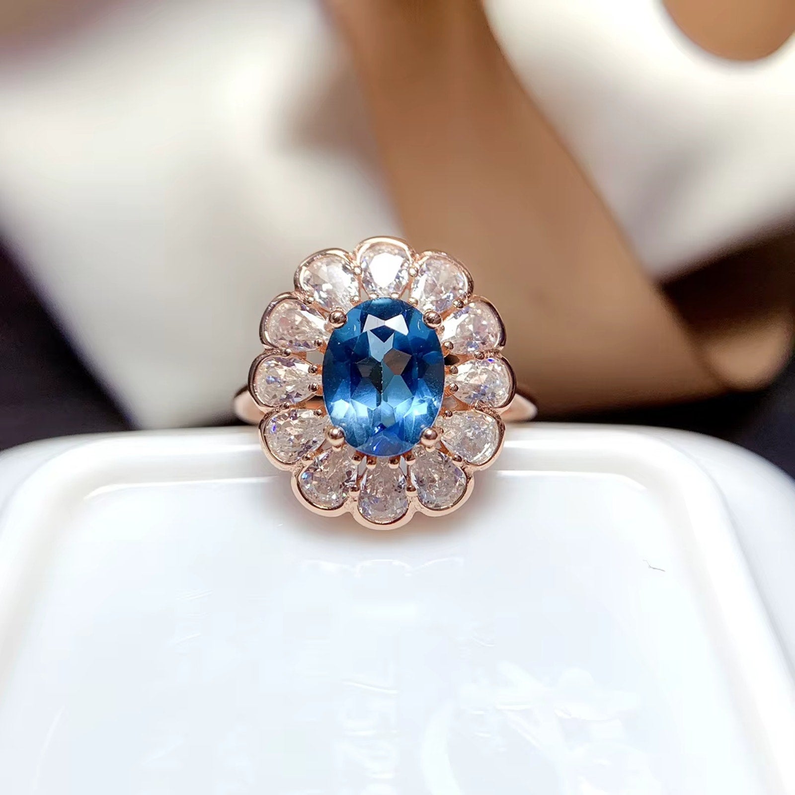 1.25 CT Oval Cut London Blue Topaz Halo Engagement Ring 925 Sterling Silver