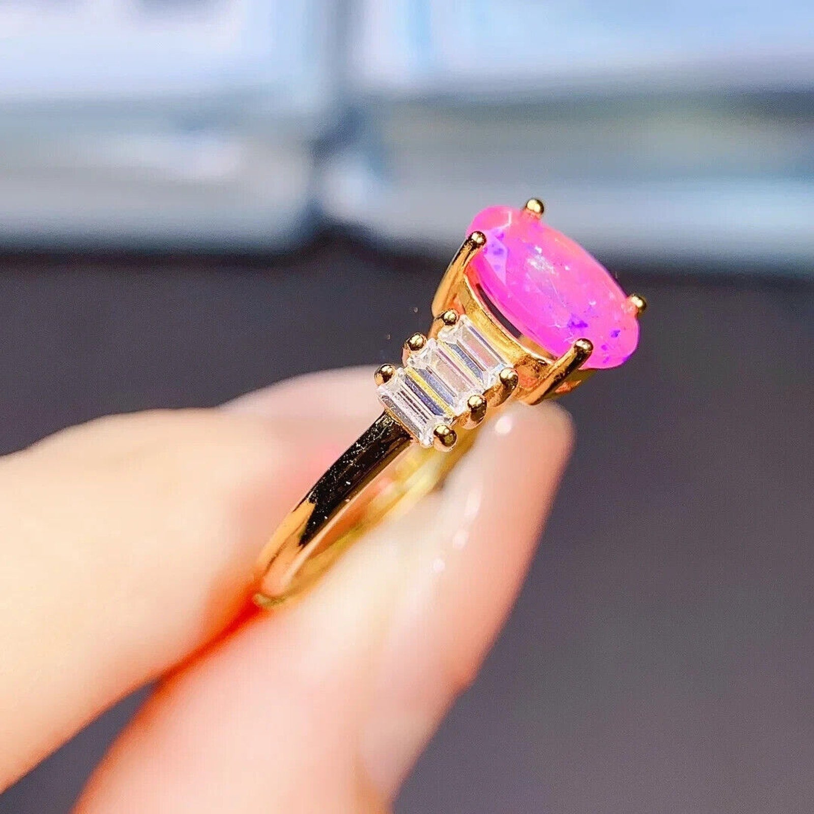 Pink Fire Opal Oval Cut Ring 5x8mm, Natural Pink Fire Opal Ring 925 Sterling