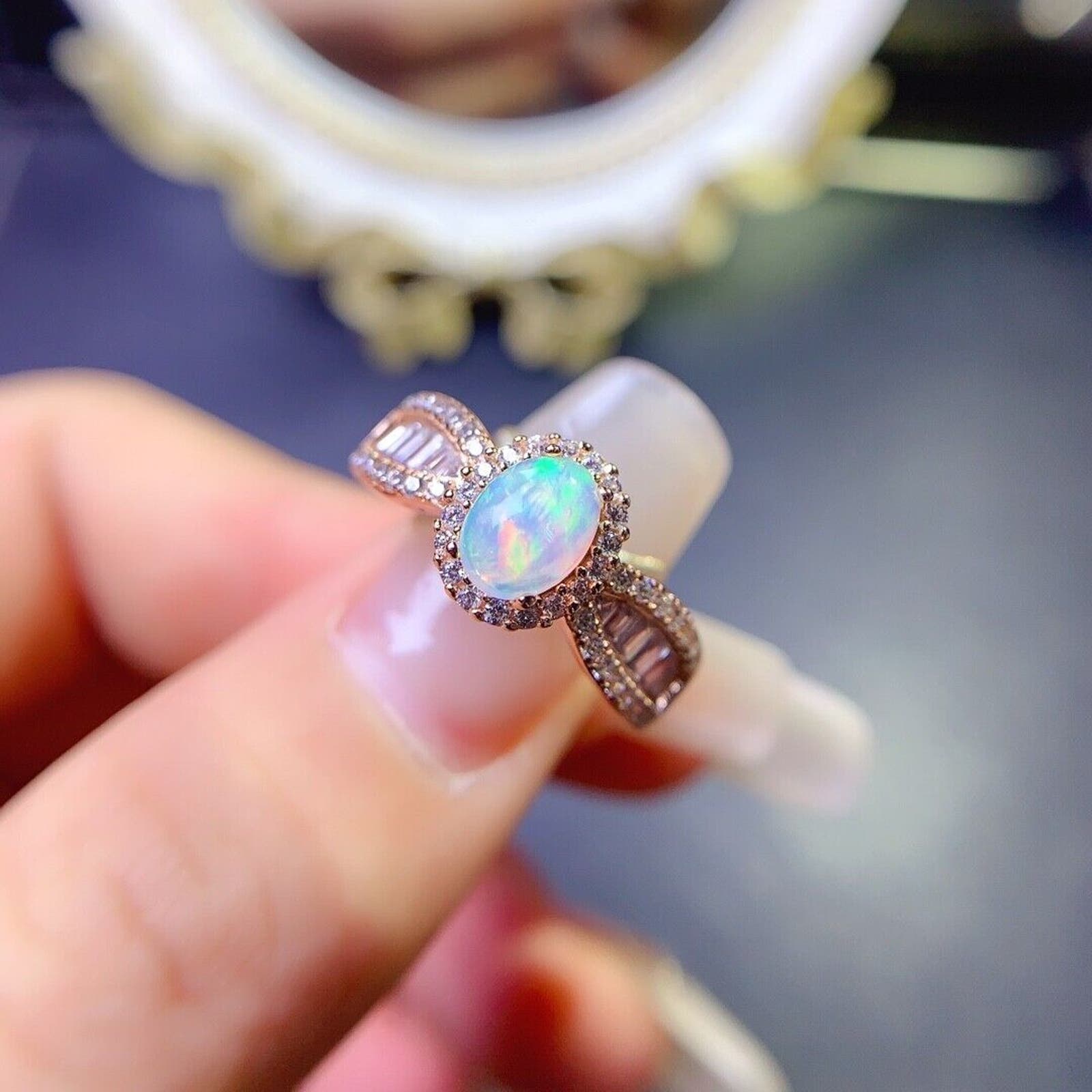 Fire Opal Gemstone and Crystal Cocktail Ring 5x7mm