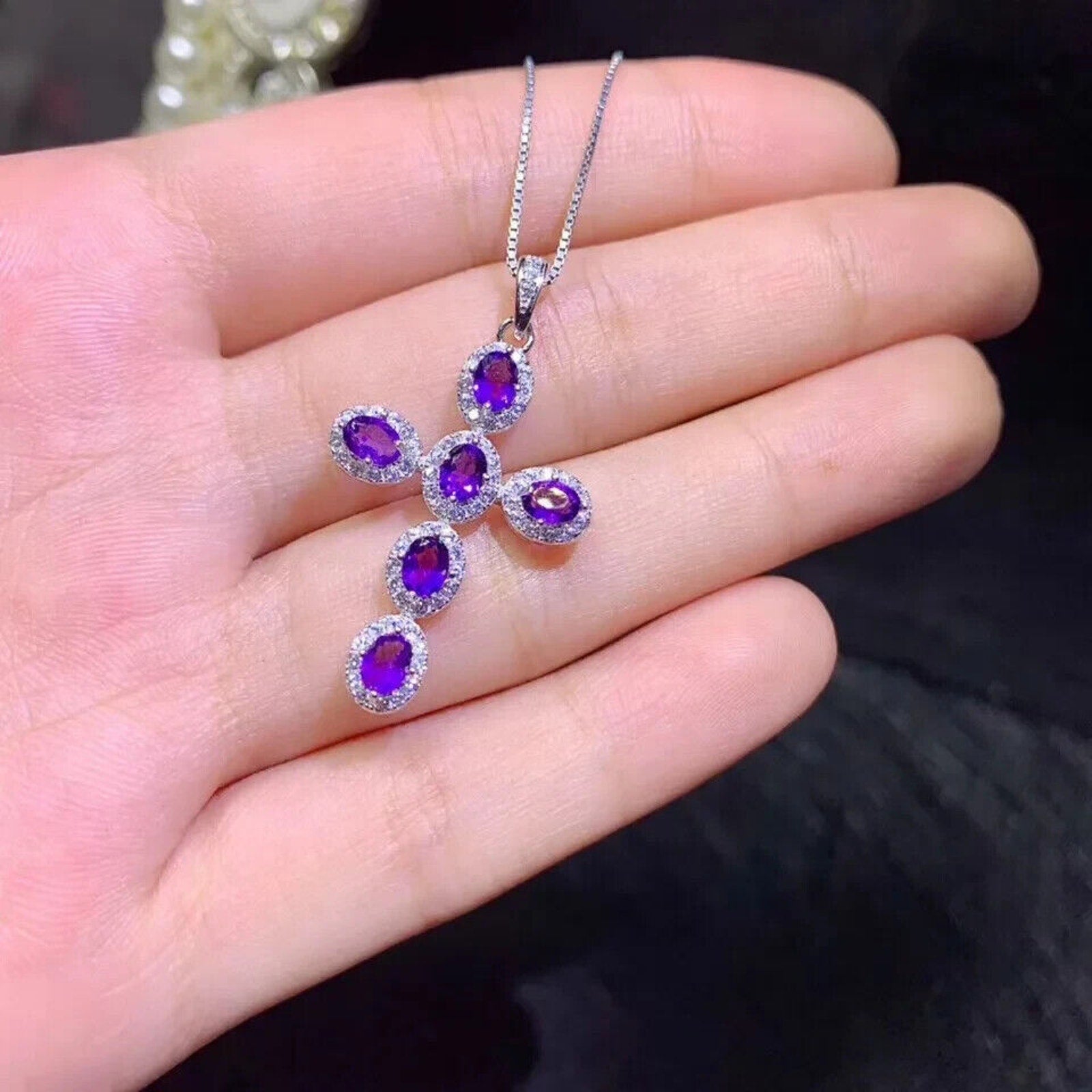 Purple Amethyst Cross Necklace, Natural Amethyst Cross Pendant 925 Sterling