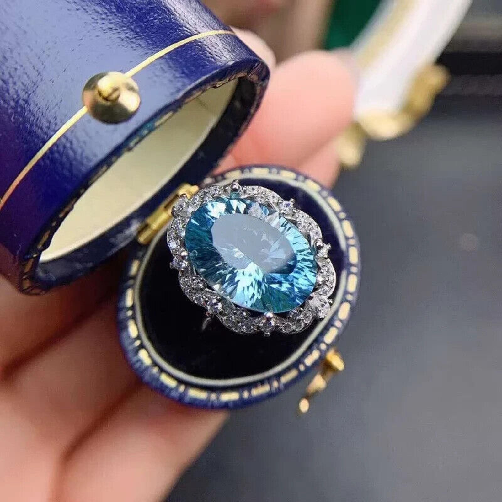 Natural Blue Topaz Gemstone Ring 10x14mm, Large Blue Topaz Cocktail Ring