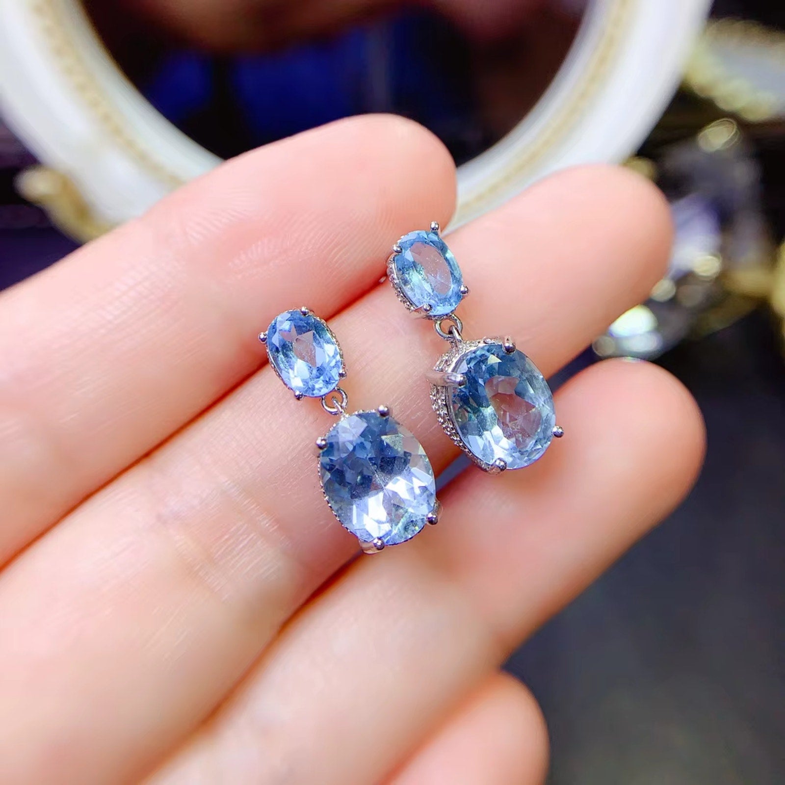 Sky Blue Topaz Gemstone Earrings 925 Sterling Silver, Oval Cut Blue Topaz 8x10mm