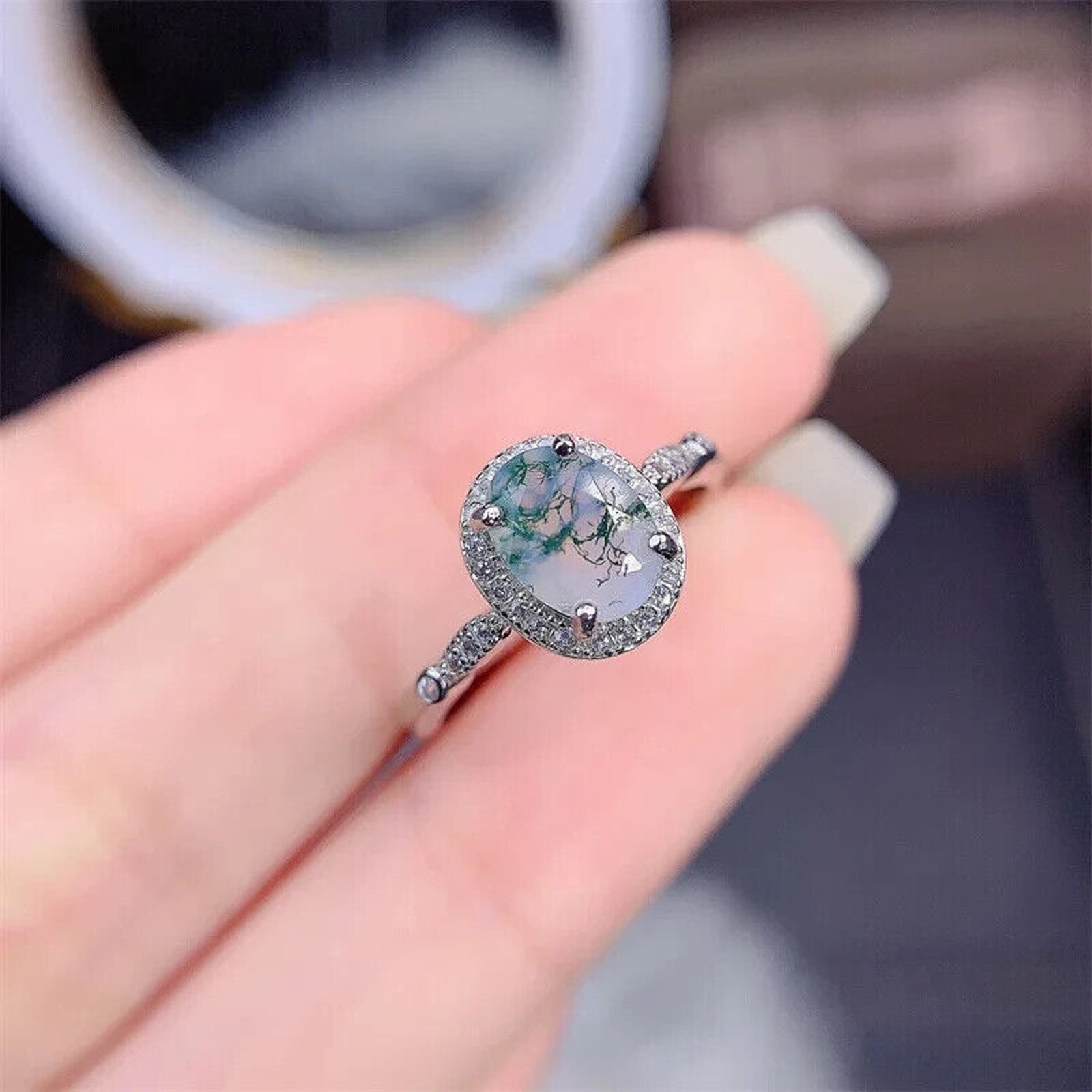 Dainty Moss Agate Gemstone Ring, Natural Moss Agate Sterling Silver Ring