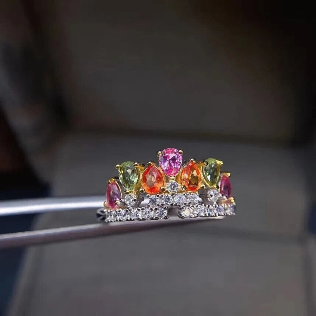 Natural Sapphire Colorful Crown Ring, Sapphire Ring