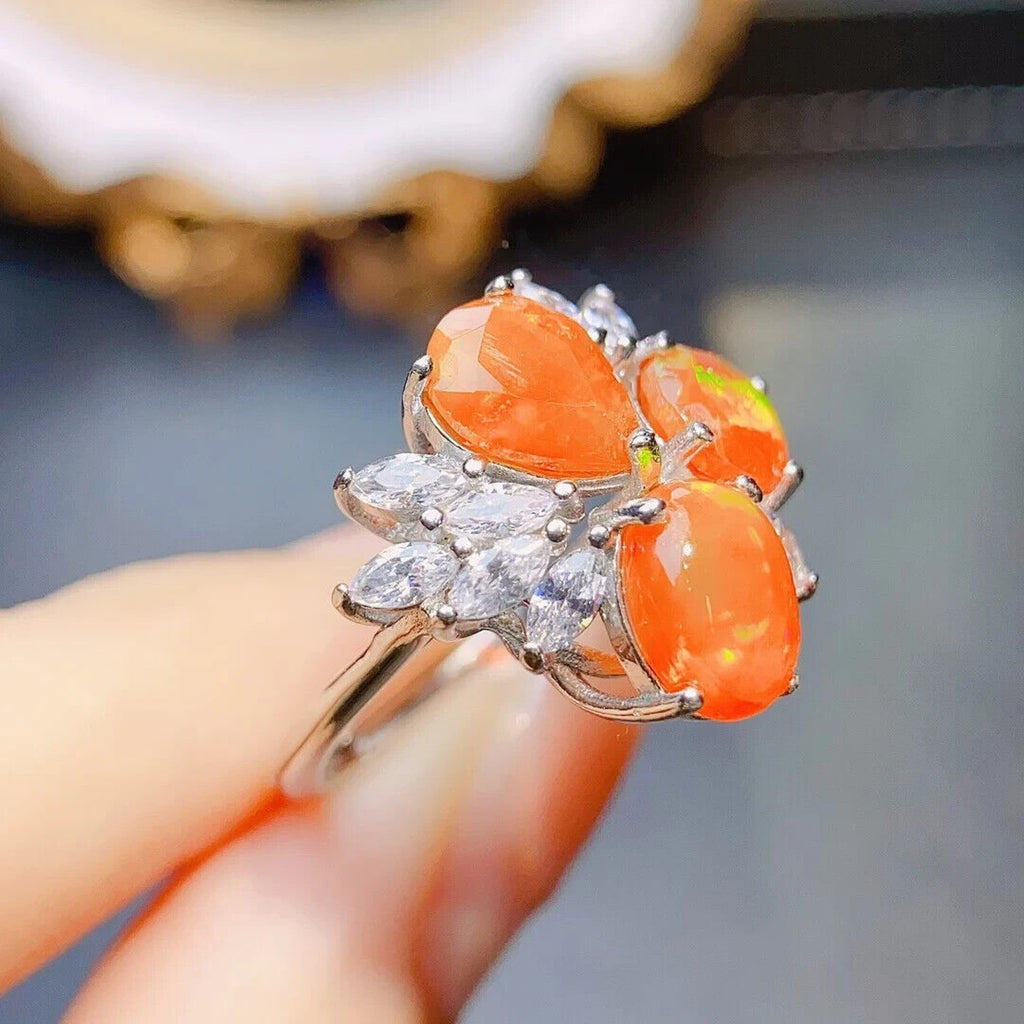 Orange Mexican Fire Opal Cluster Ring, Natural Orange Opal Ring Sterling Silver