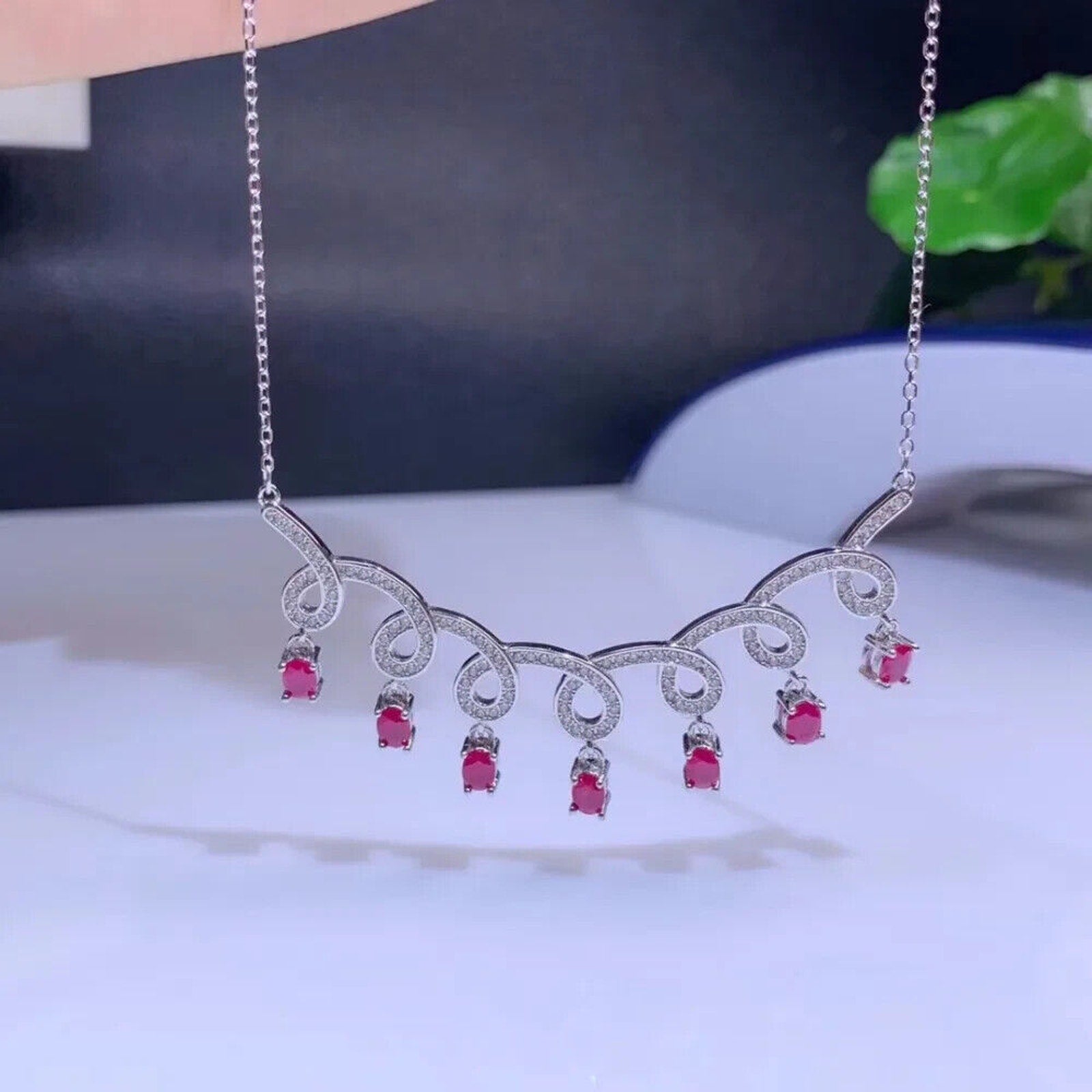 Natural Ruby Clavicle Chain Necklace, Genuine Ruby Charm Necklace 925 Sterling