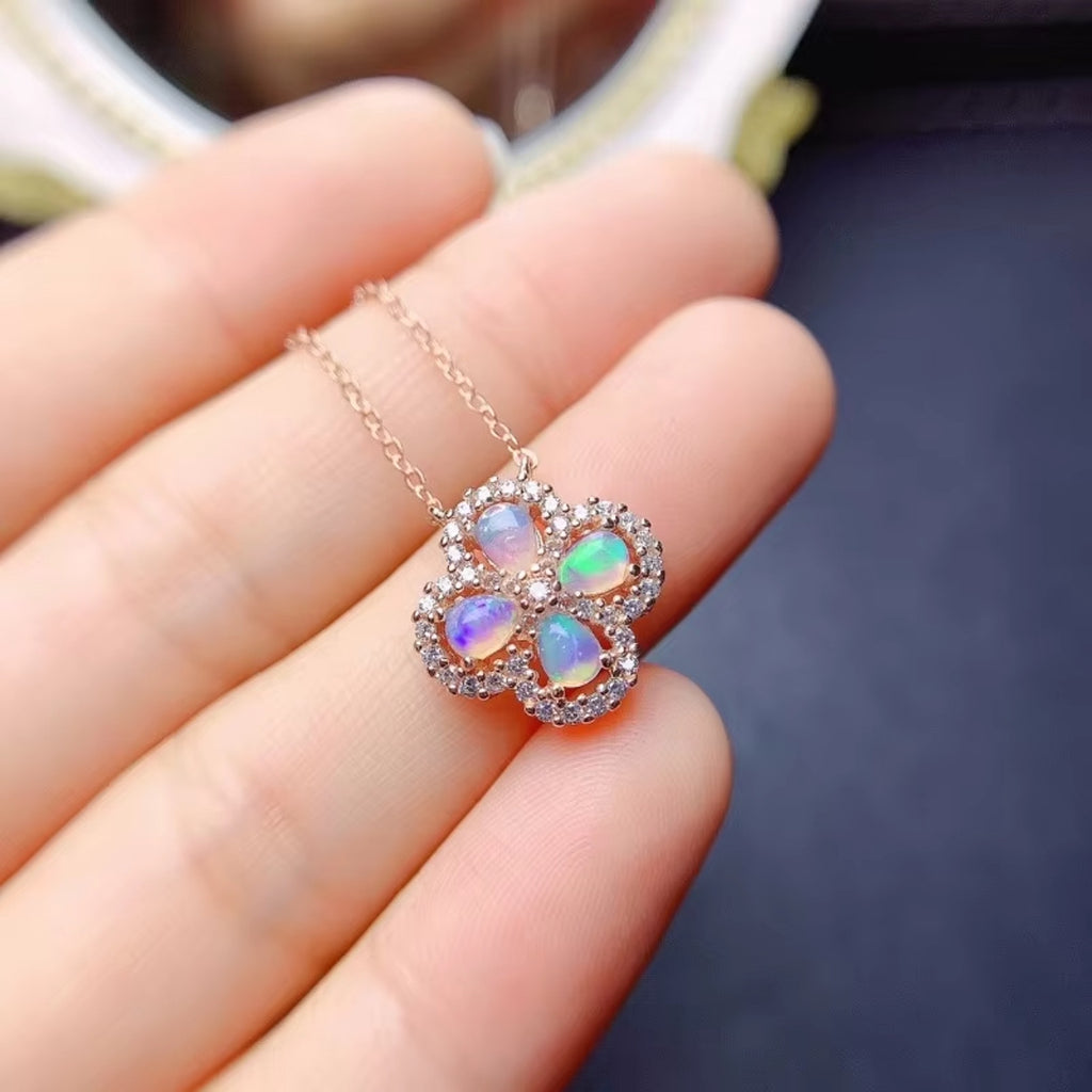 White Opal Stone Pendant Minimalist Droplet Fire Opal Necklace Sterling Silver