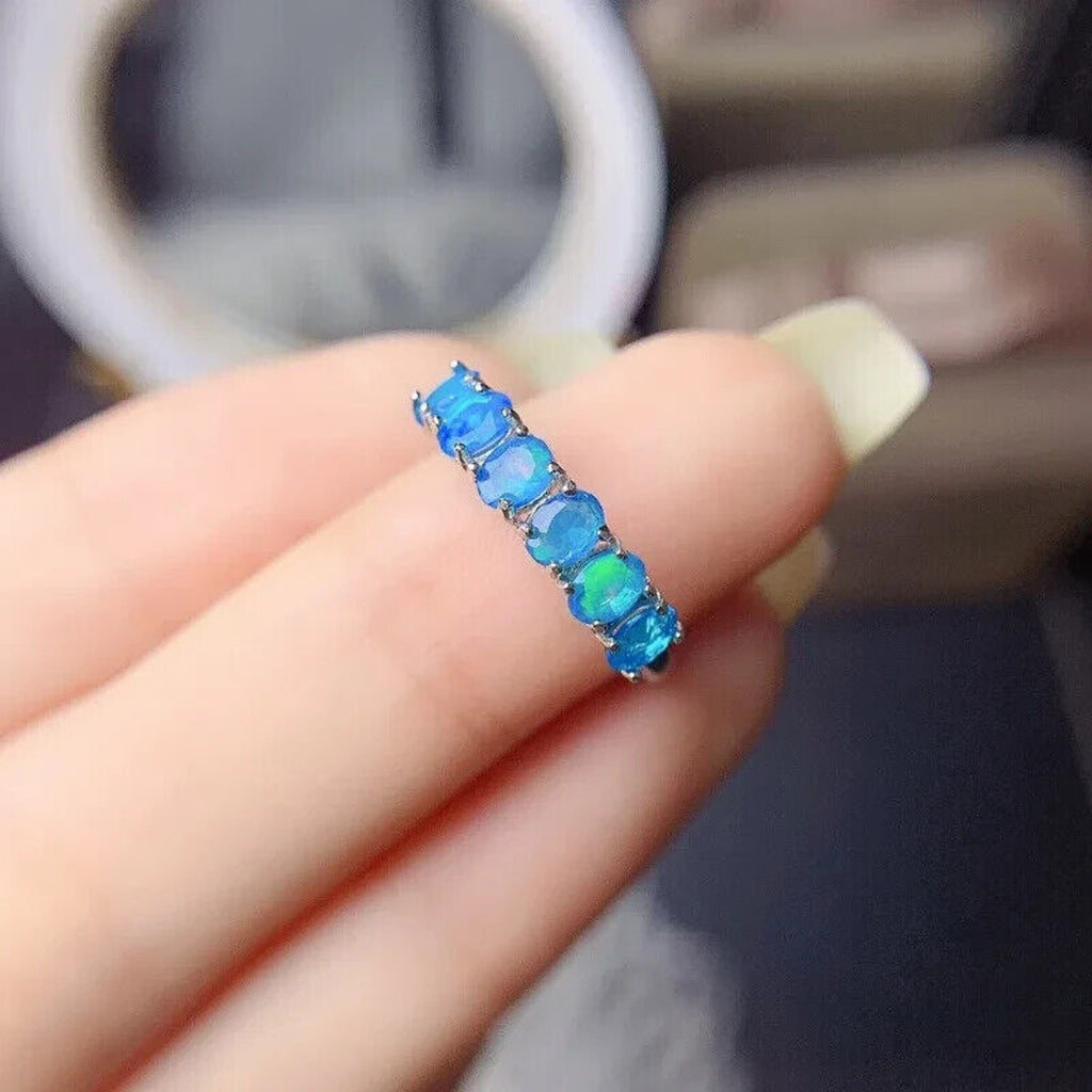 Natural Australian Blue Opal Band Ring 3x4mm, Women's Blue Fire Opal Ring