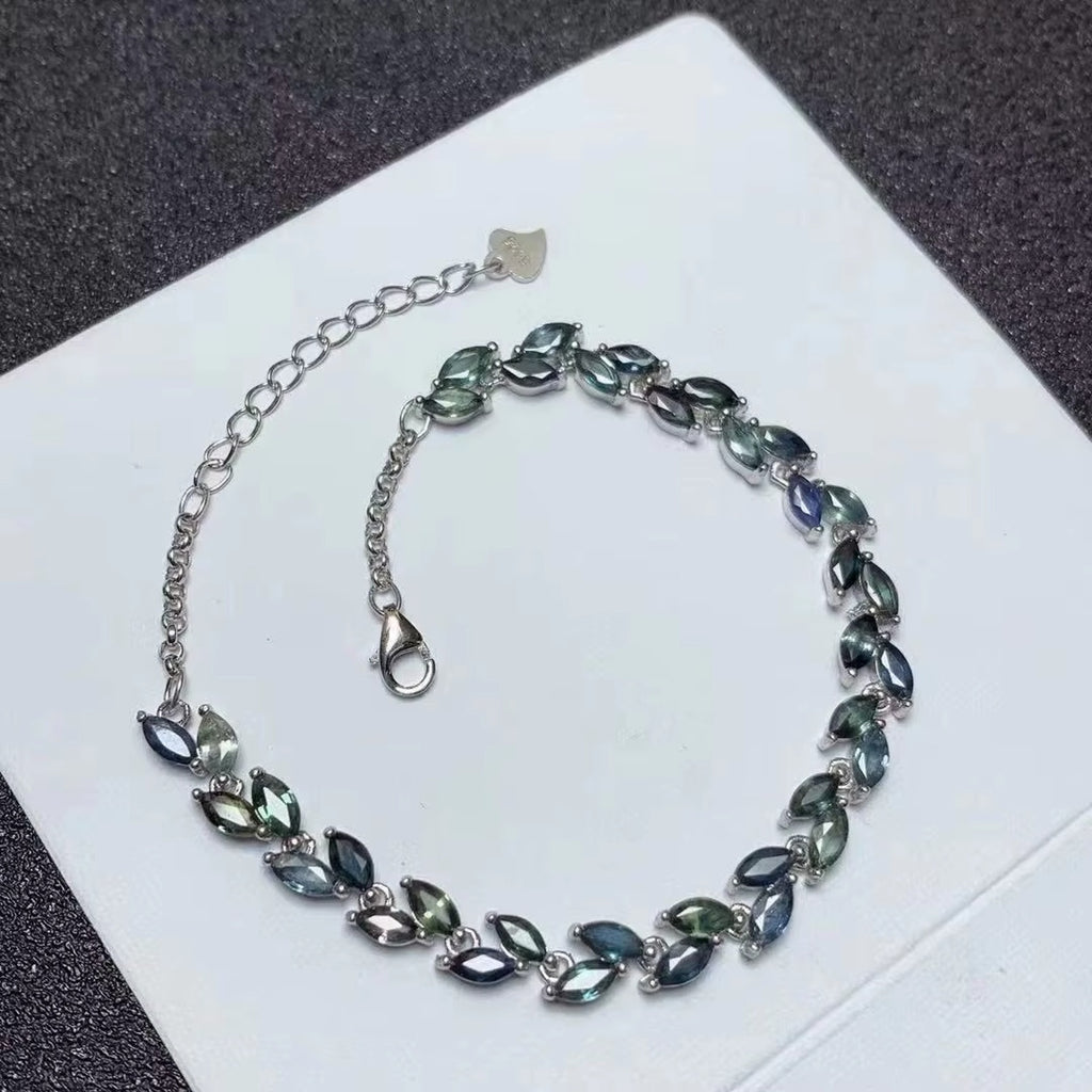 Natural Sapphire Leaf Bracelet, Blue Green Marquise Cut Sapphire Bracelet
