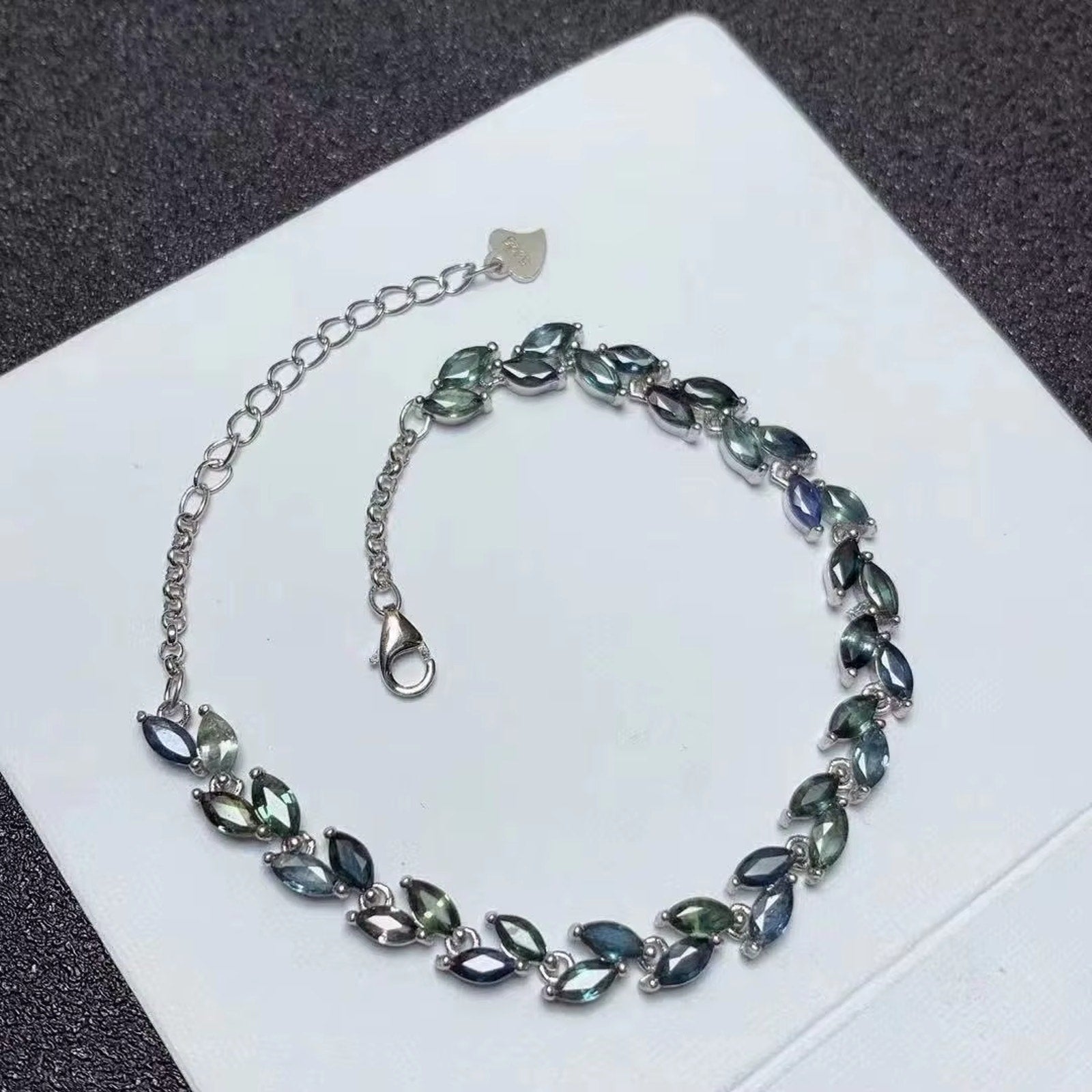 Natural Sapphire Leaf Bracelet, Blue Green Marquise Cut Sapphire Bracelet