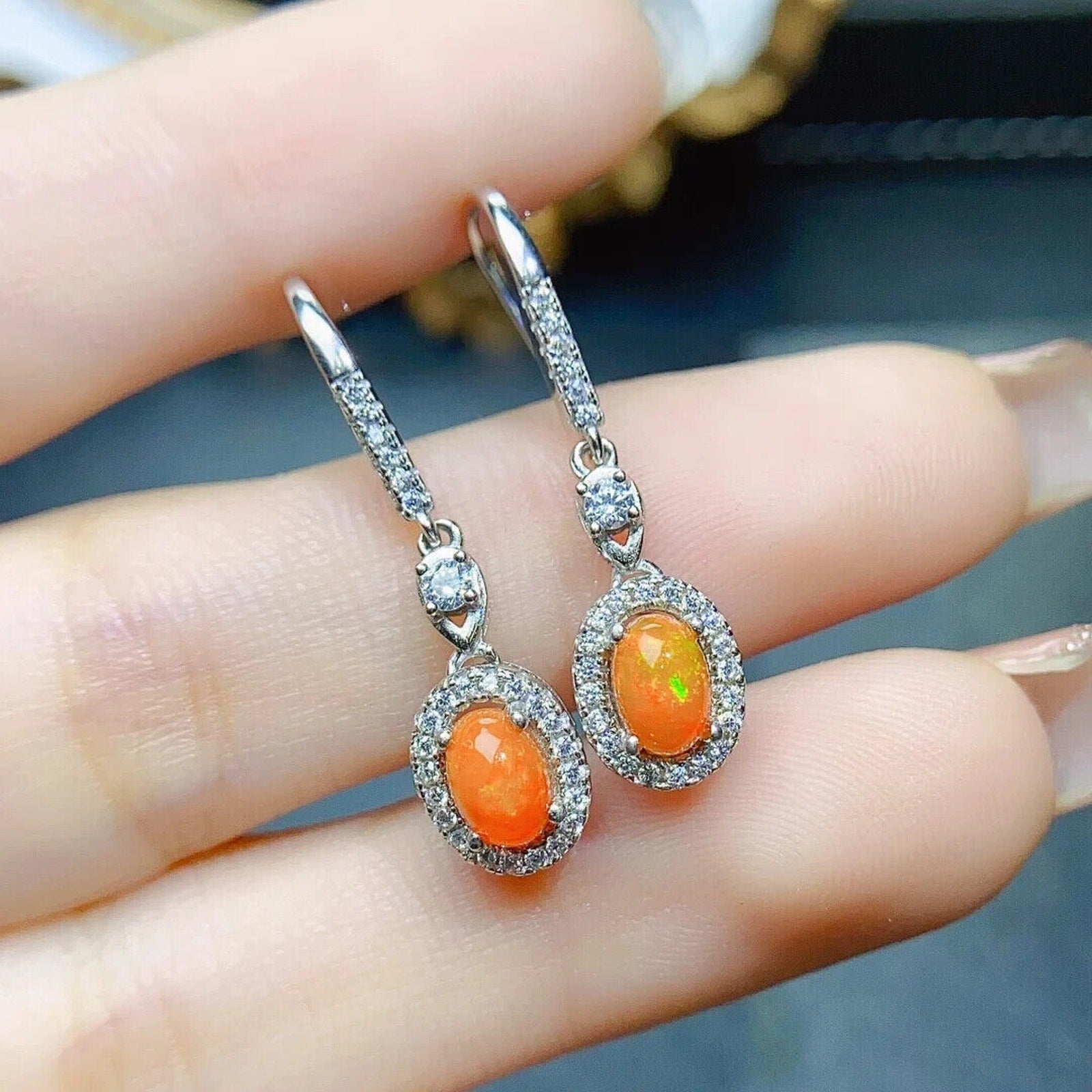 Orange Fire Opal Dangle Earrings, Colorful Orange Opal Dangle Earrings 4x6mm