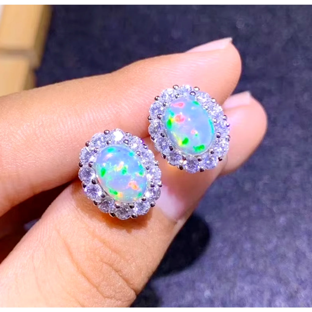 Natural Fire Opal Earrings, Women's Opal Stud Earrings 925 Sterling Silver 6x8mm