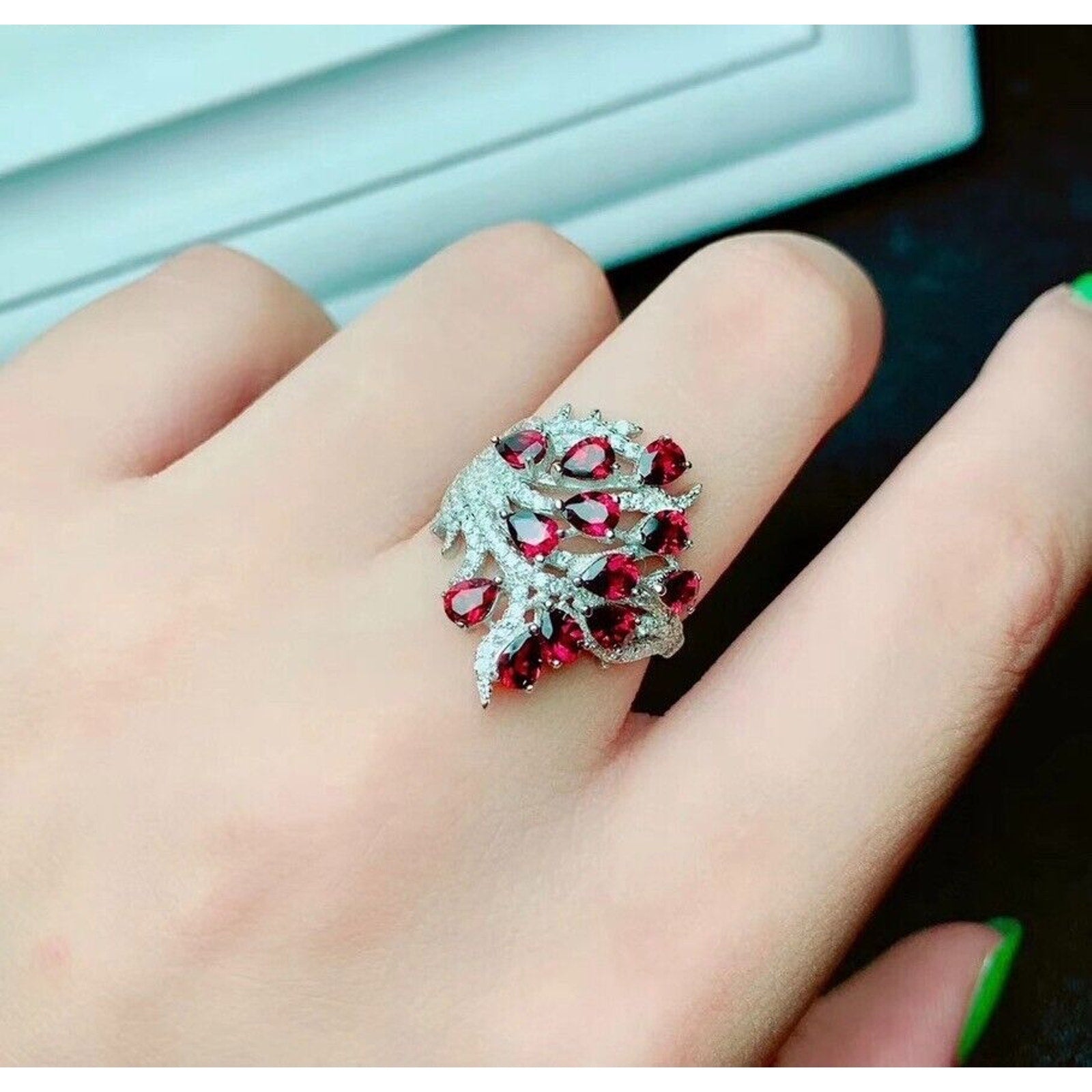 Red Garnet Full Finger Statement Ring, Natural Red Garnet Cluster Ring