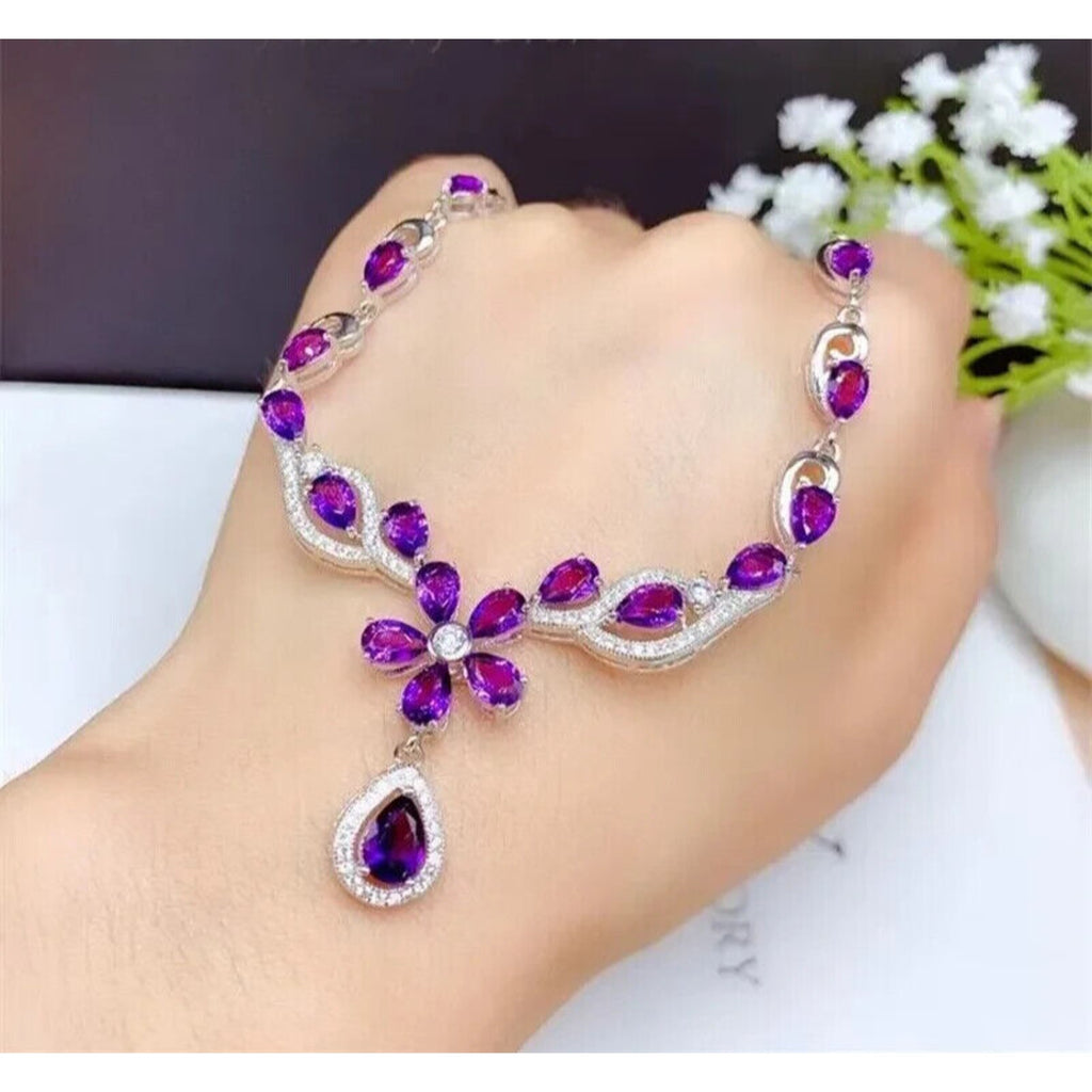 Natural Amethyst Statement Necklace, Amethyst Flower Necklace 925 Sterling