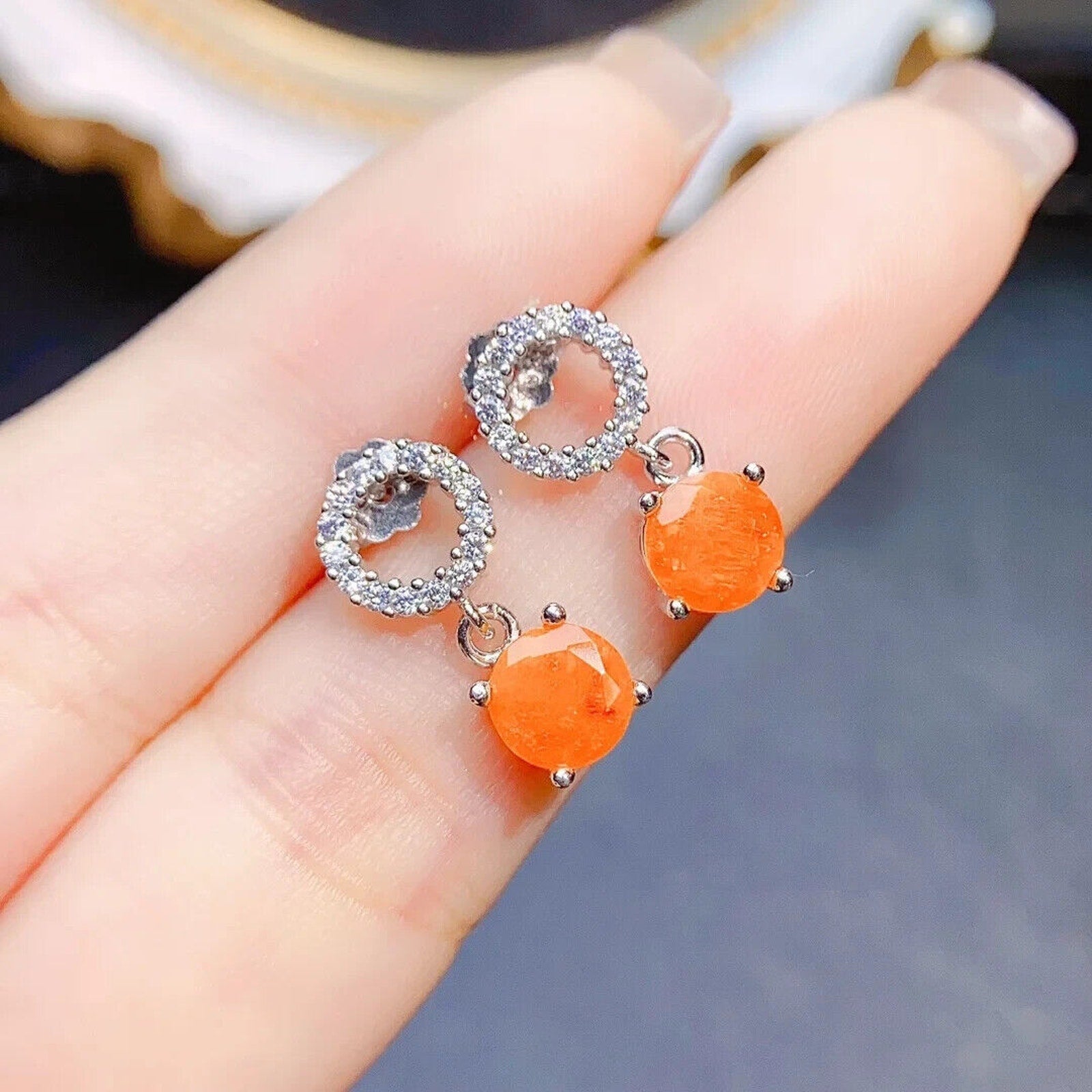 Orange Fire Opal Dangle Earrings 6mm, Natural Orange Fire Opal Earrings