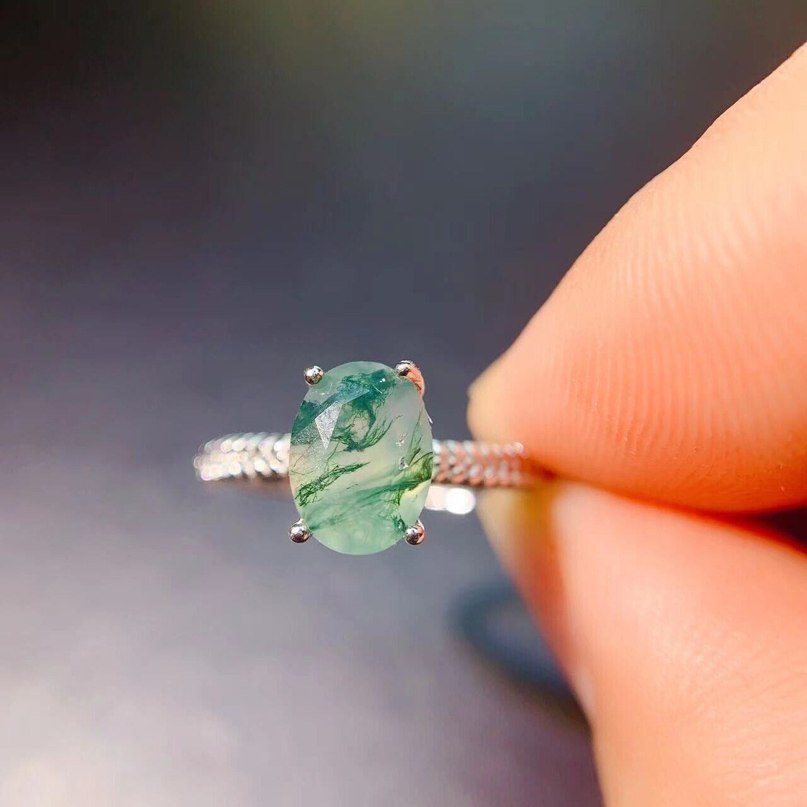 Moss Agate Cocktail Ring 6x8mm 925 Sterling Silver