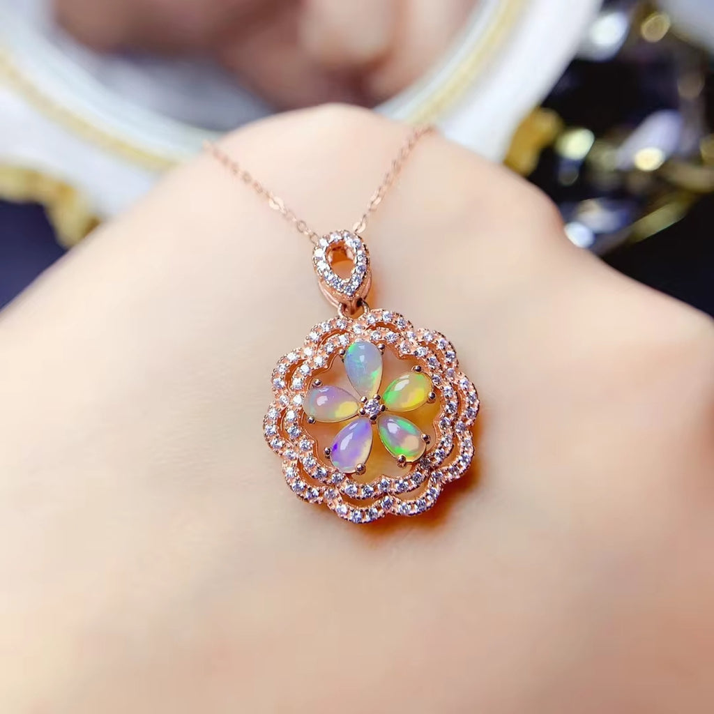 Australian Opal Flower Pendant Necklace 3x5mm, Natural Fire Opal Pendant