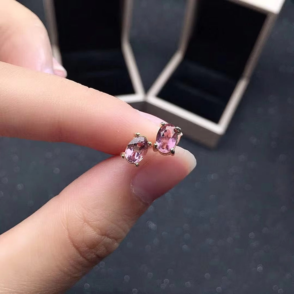 Pink Tourmaline Stud Earrings, Dainty Pink Tourmaline Earrings 4x6mm Silver