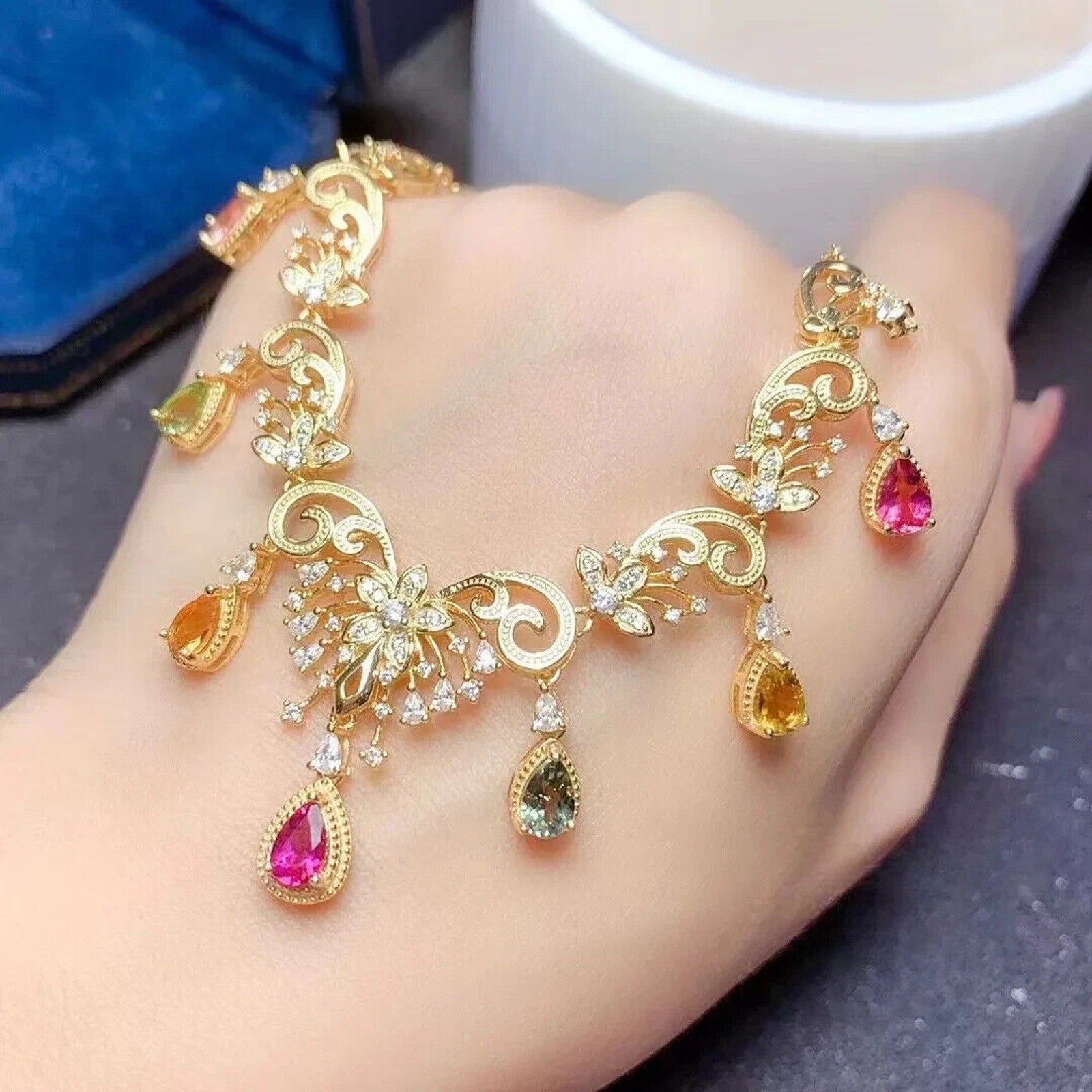 Natural Tourmaline Statement Necklace, Brazilian Tourmaline Necklace Sterling