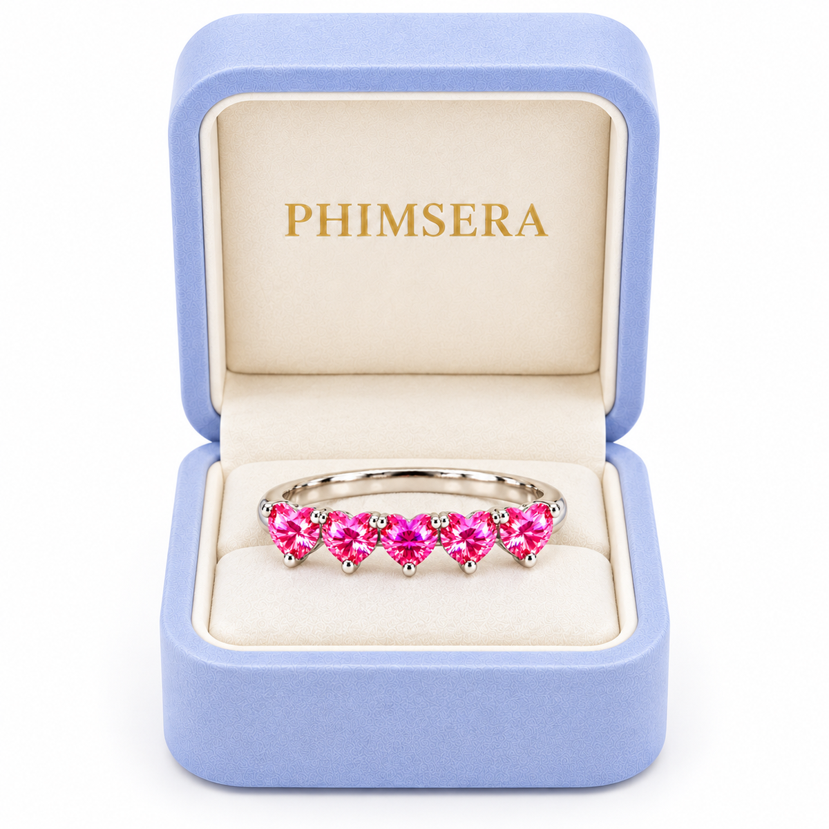 Five 4mm heart-cut pink moissanite ring presented in a Phimsera jewelry box