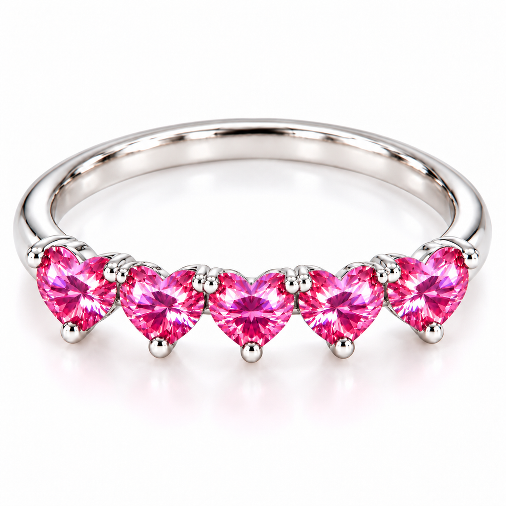 Elevated view of five matching 4mm heart-cut pink moissanite gemstones on a sterling silver ring