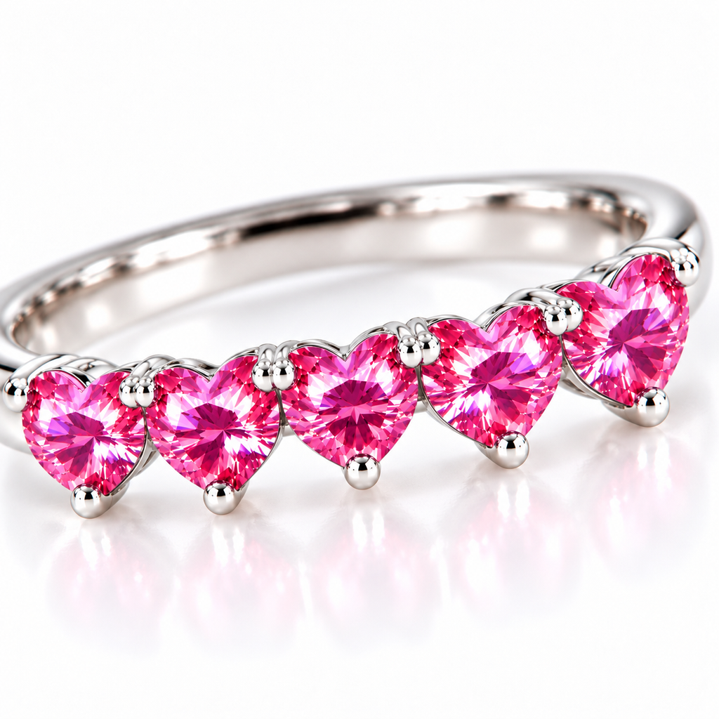 Macro close-up of five 4mm heart-cut pink moissanite gemstones with vivid pink faceting