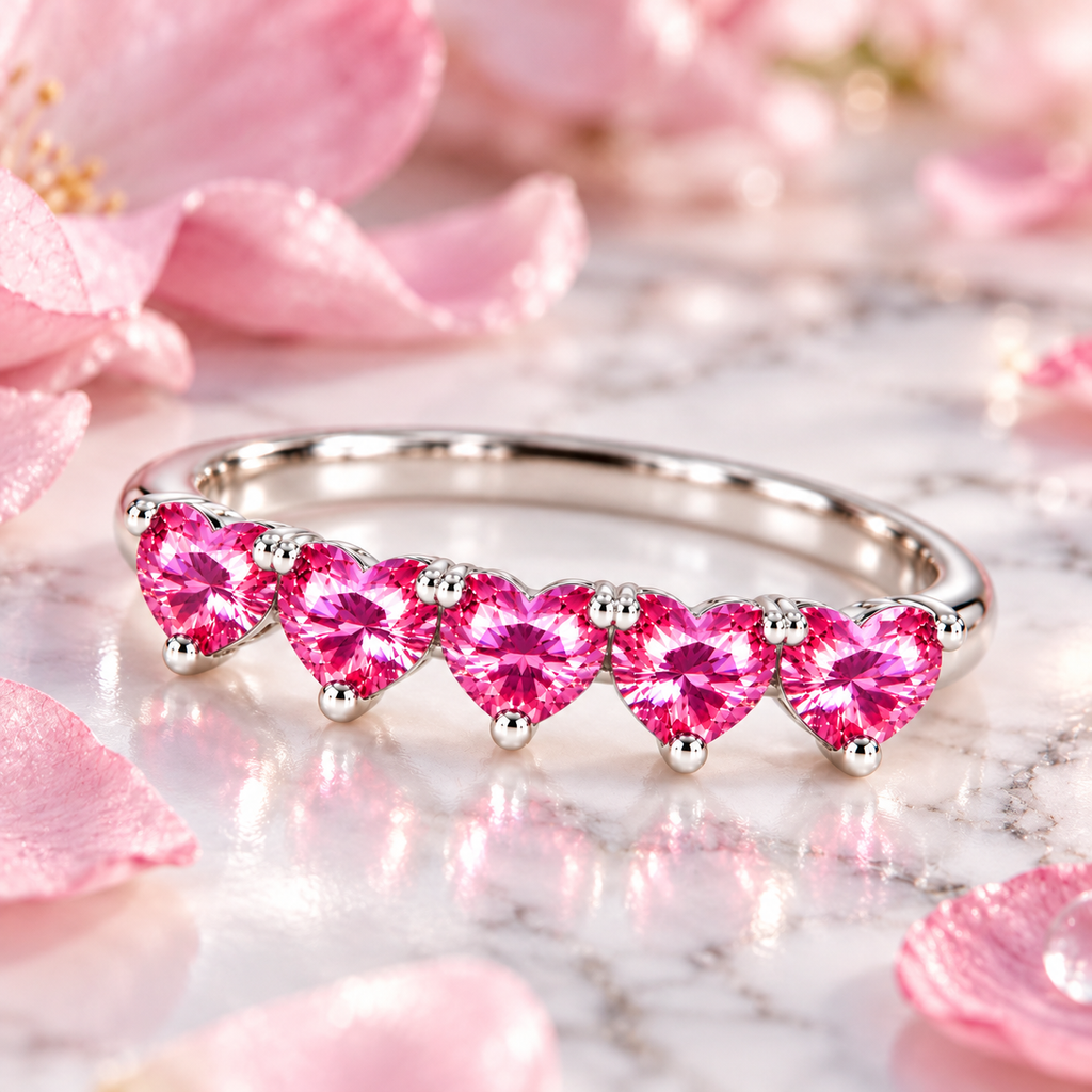 Five 4mm heart-cut pink moissanite ring on white marble with soft pink petals