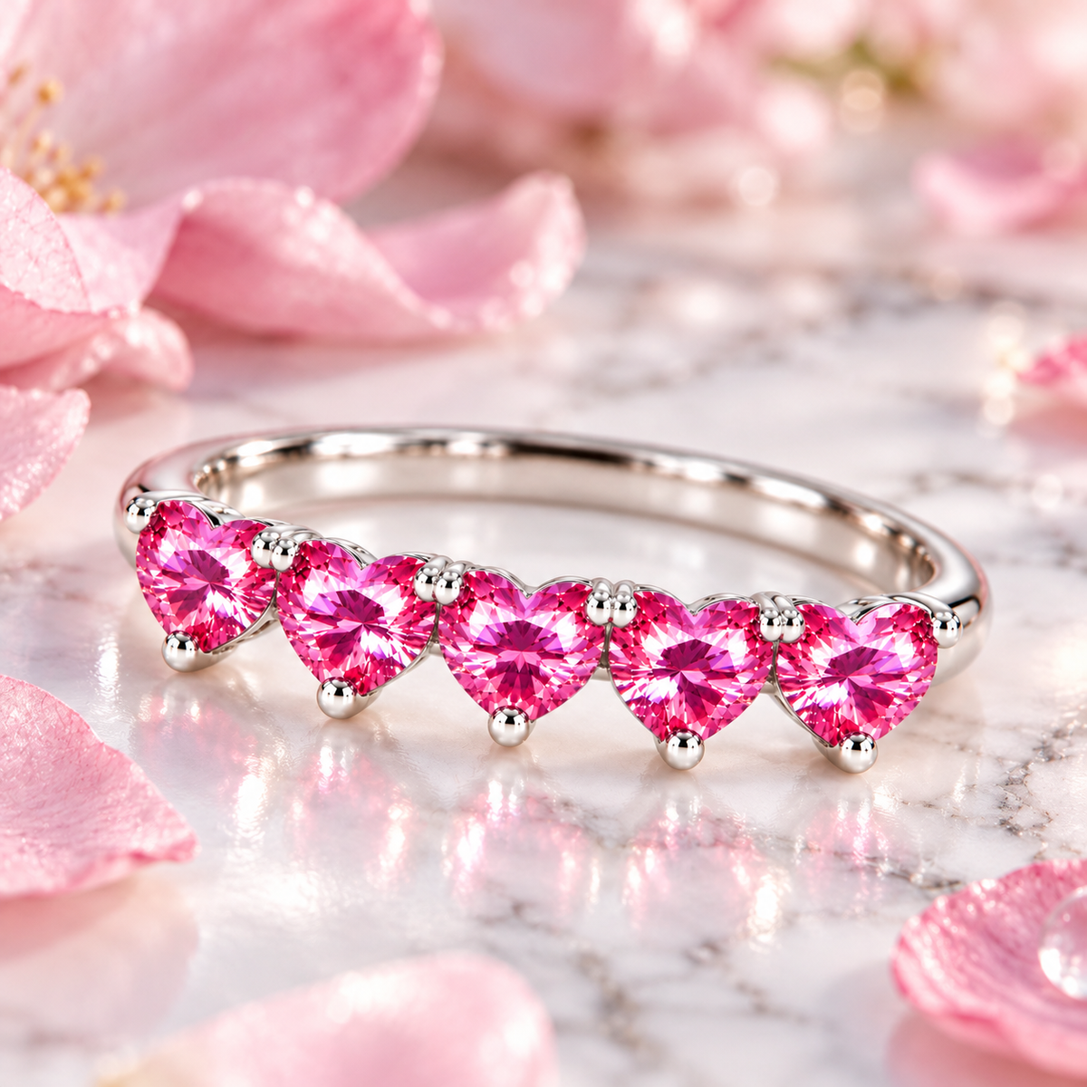 Five 4mm heart-cut pink moissanite ring on white marble with soft pink petals