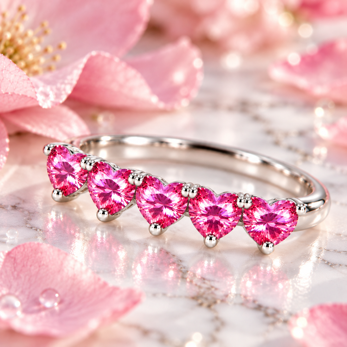 Angled five-heart pink moissanite ring on white marble with soft pink petals
