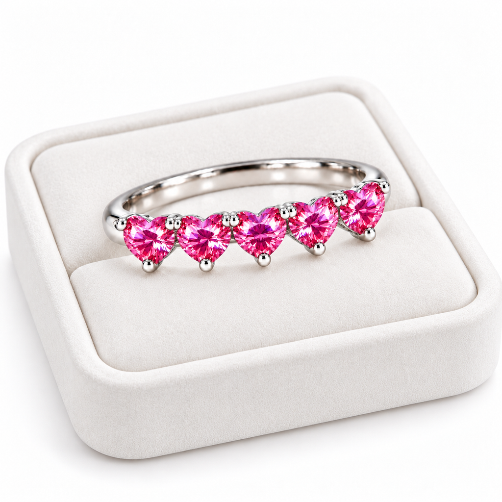 Angled five-heart pink moissanite ring displayed on a white velvet jewelry tray