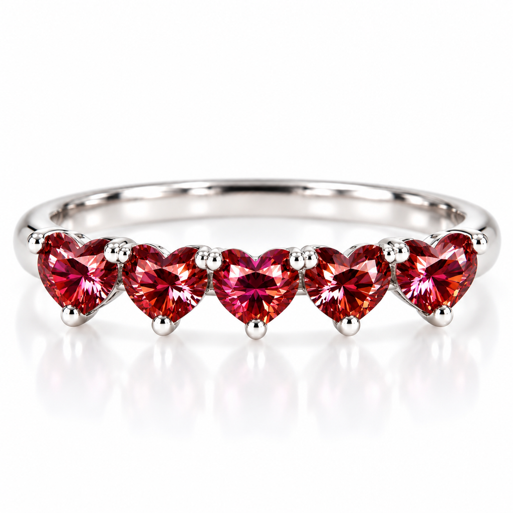 Five matching 4mm heart-cut red moissanite stones on a curved 925 sterling silver ring