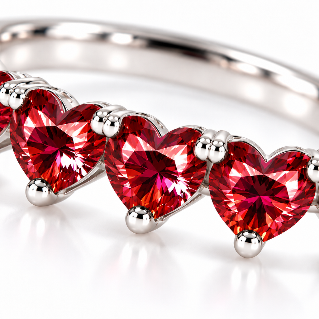 Macro close-up of five heart-cut red moissanite gemstones showing vivid red faceting and silver prongs
