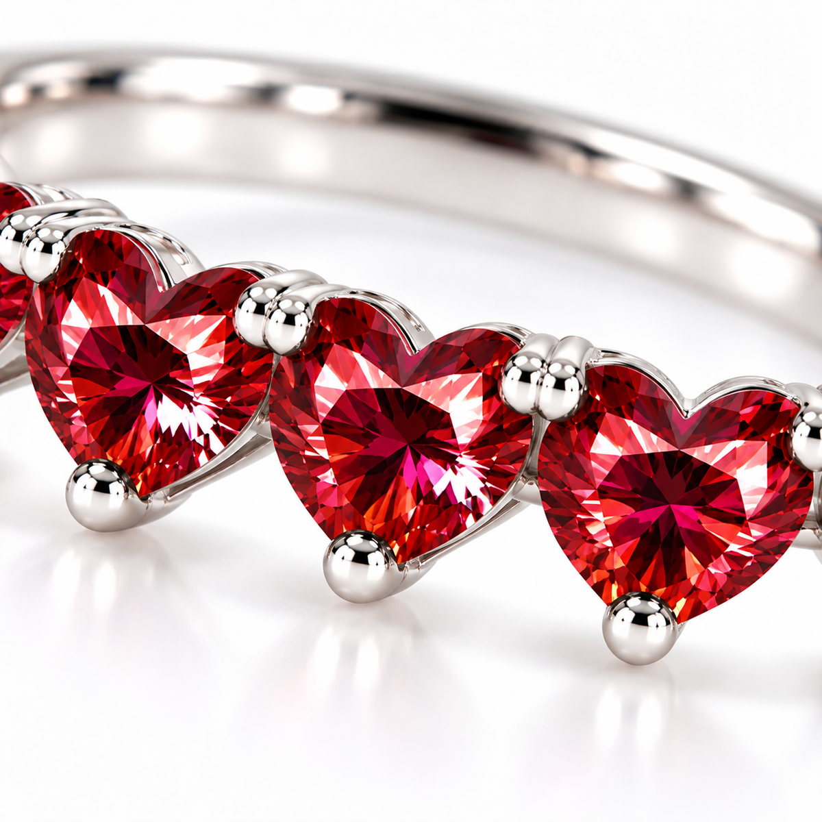 Macro close-up of five heart-cut red moissanite gemstones showing vivid red faceting and silver prongs