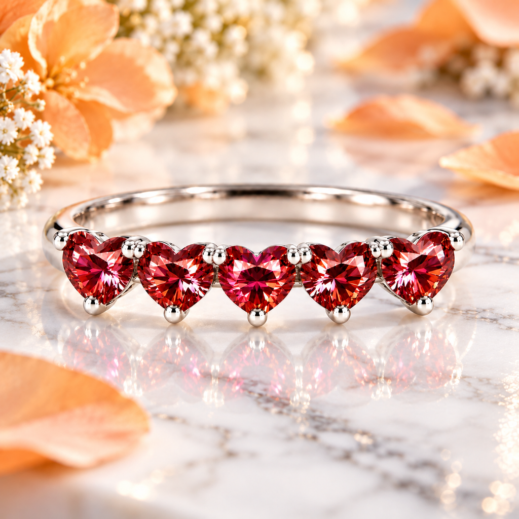 Five 4mm heart-cut red moissanite ring displayed on white marble with soft orange flowers