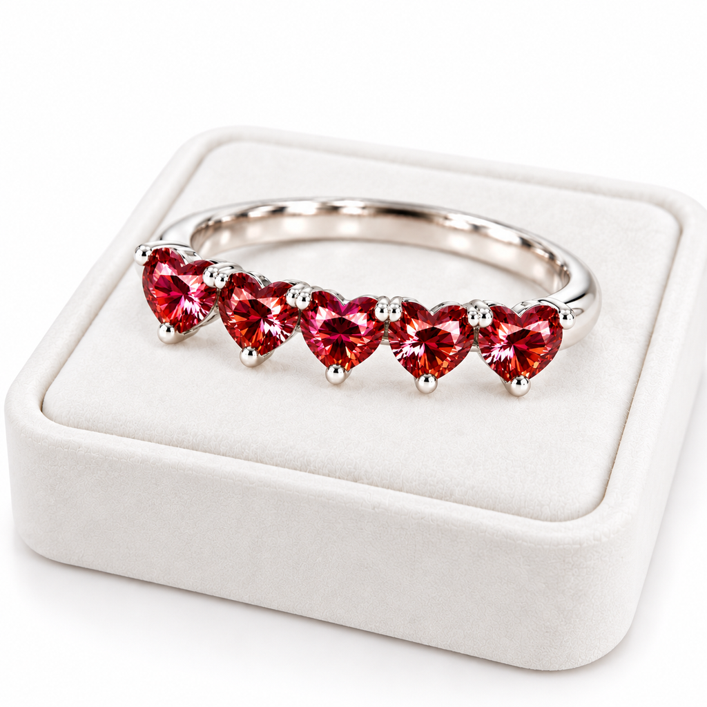 Angled five-heart red moissanite ring displayed on a white velvet jewelry tray