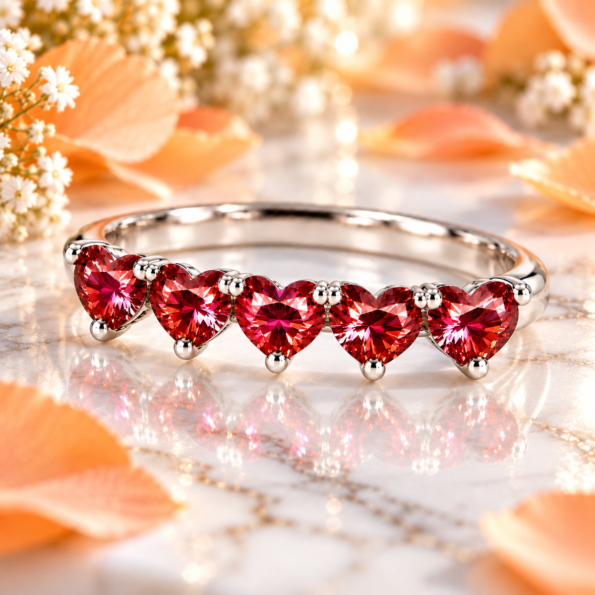 4mm Heart Cut Red Moissanite Ring Lifestyle Image with soft orange petals over marble