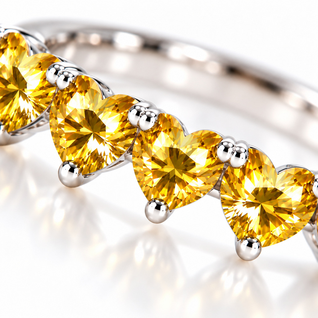 Macro close-up of five 4mm heart-cut yellow moissanite gemstones showing golden-yellow faceting and silver prongs