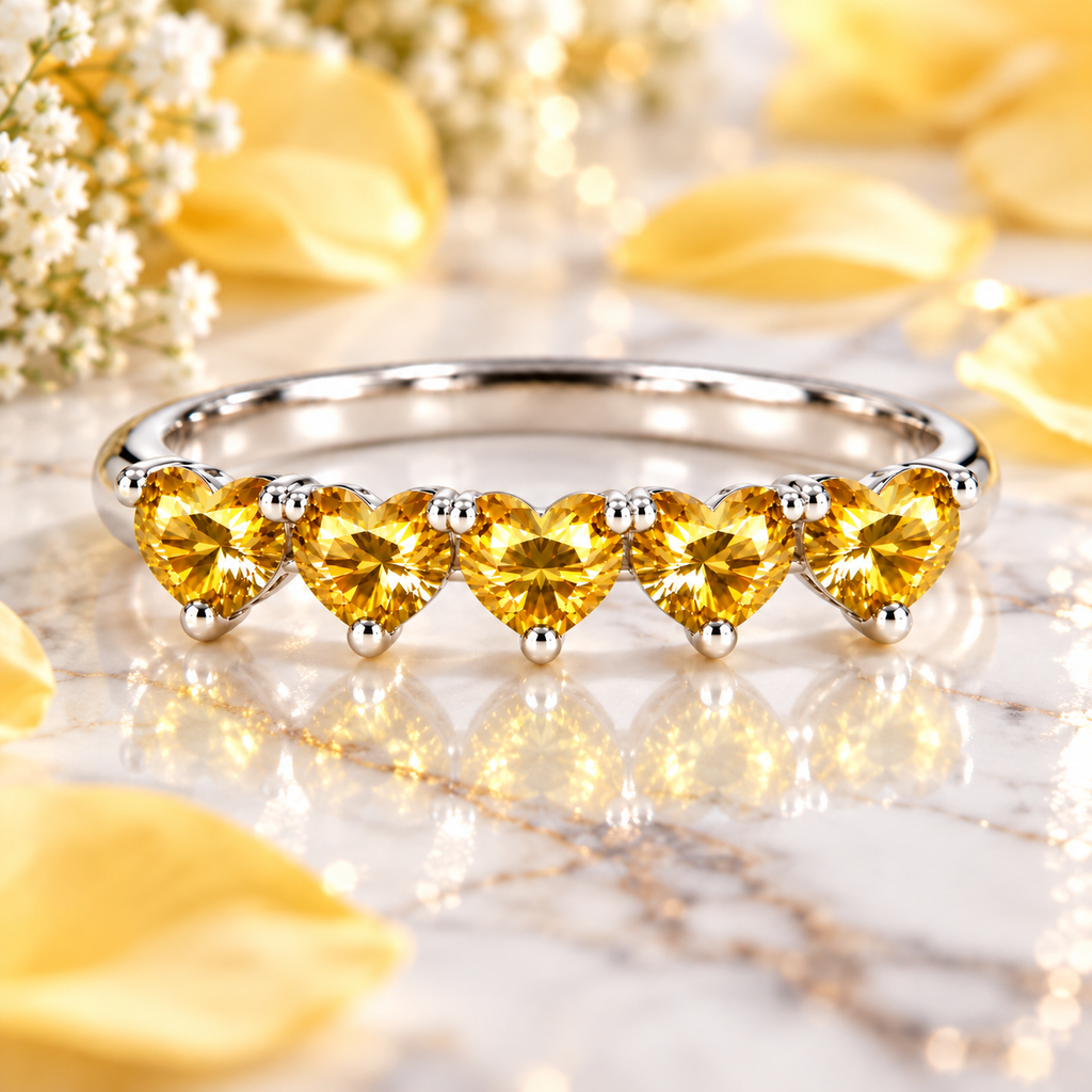 Five 4mm heart-cut yellow moissanite ring displayed on white marble with soft yellow petals
