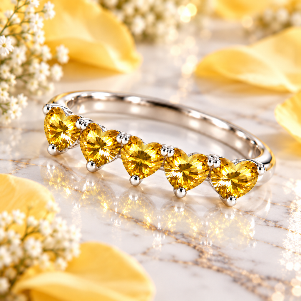 Angled five-heart yellow moissanite ring displayed on white marble with soft yellow petals