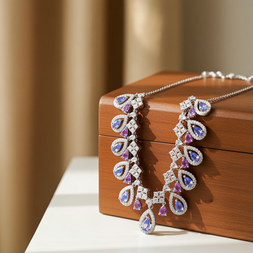 Natural Amethyst & Purple Tanzanite Gemstone Charm Necklace 925 Sterling Silver